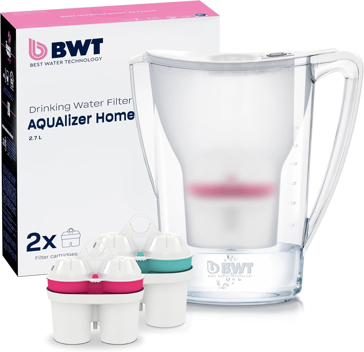 BWT Aqualizer Home Table Water Filter Jug Including 2 Filter Cartridges 1 x Zinc + Magnesium 1 x Magnesium Mineralized 2.7 L Filter System Limescale Filter for Water from the Tap