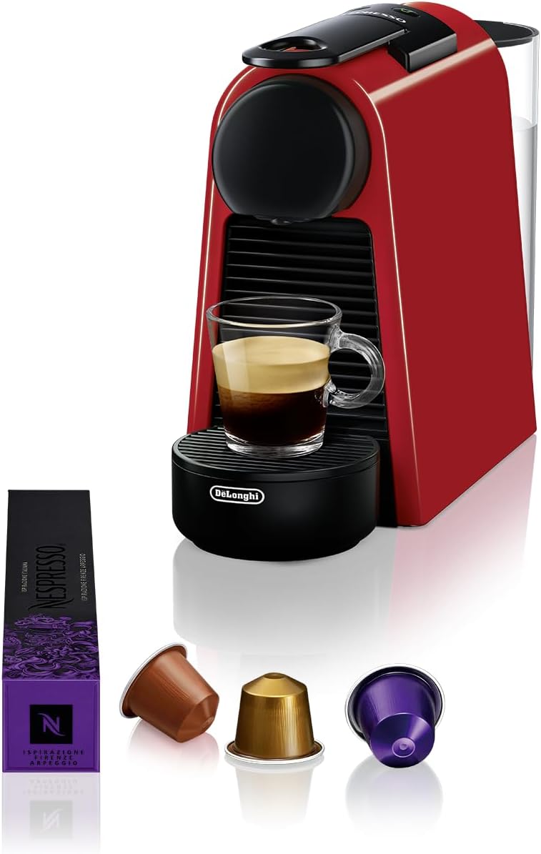 De\'Longhi Nespresso Essenza Mini EN 85.R Coffee Capsule Machine, Welcome Set with Capsules in Different Flavors, 19 Bar Pump Pressure, Space-Saving, Red