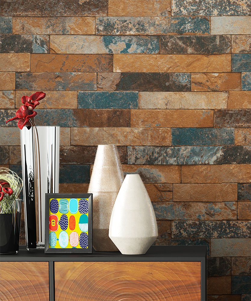 Newroom Design Newroom Wallpaper Brown Non-Woven Wallpaper Metallic Blue Natural Stone Sto