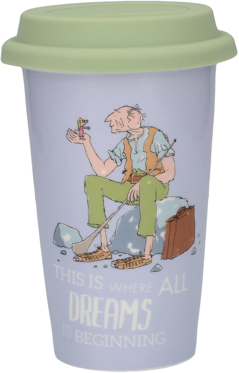 Creative Tops Bone China Thermo Roald Dahl BFG Illustration Mug with Silicone Lid, Porcelain, Periwinkle Purple/Pea Green, 9.5 x 9.5 x 15 cm