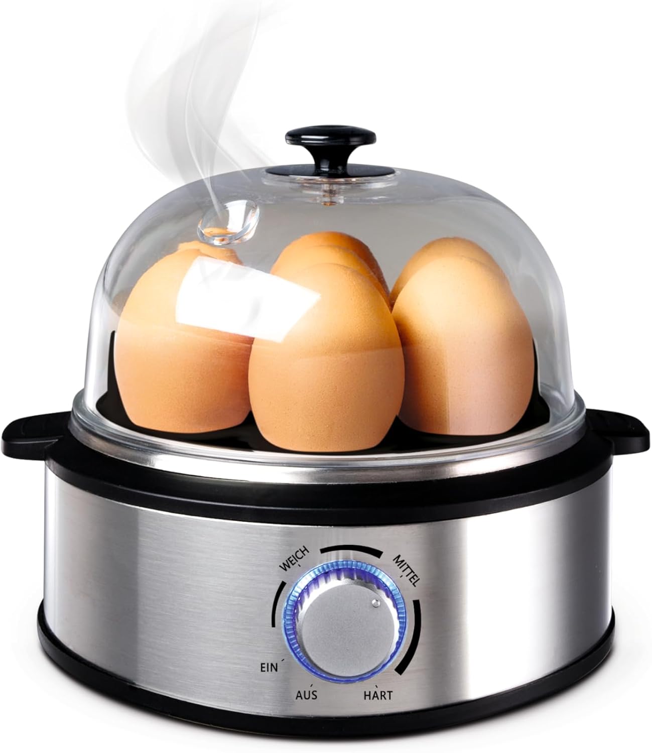 Stainless steel egg cooker for 1 to 7 eggs - Egg Cooker - 420 W - Hardness setting - Dishwasher safe, cable reel, egg cutter
