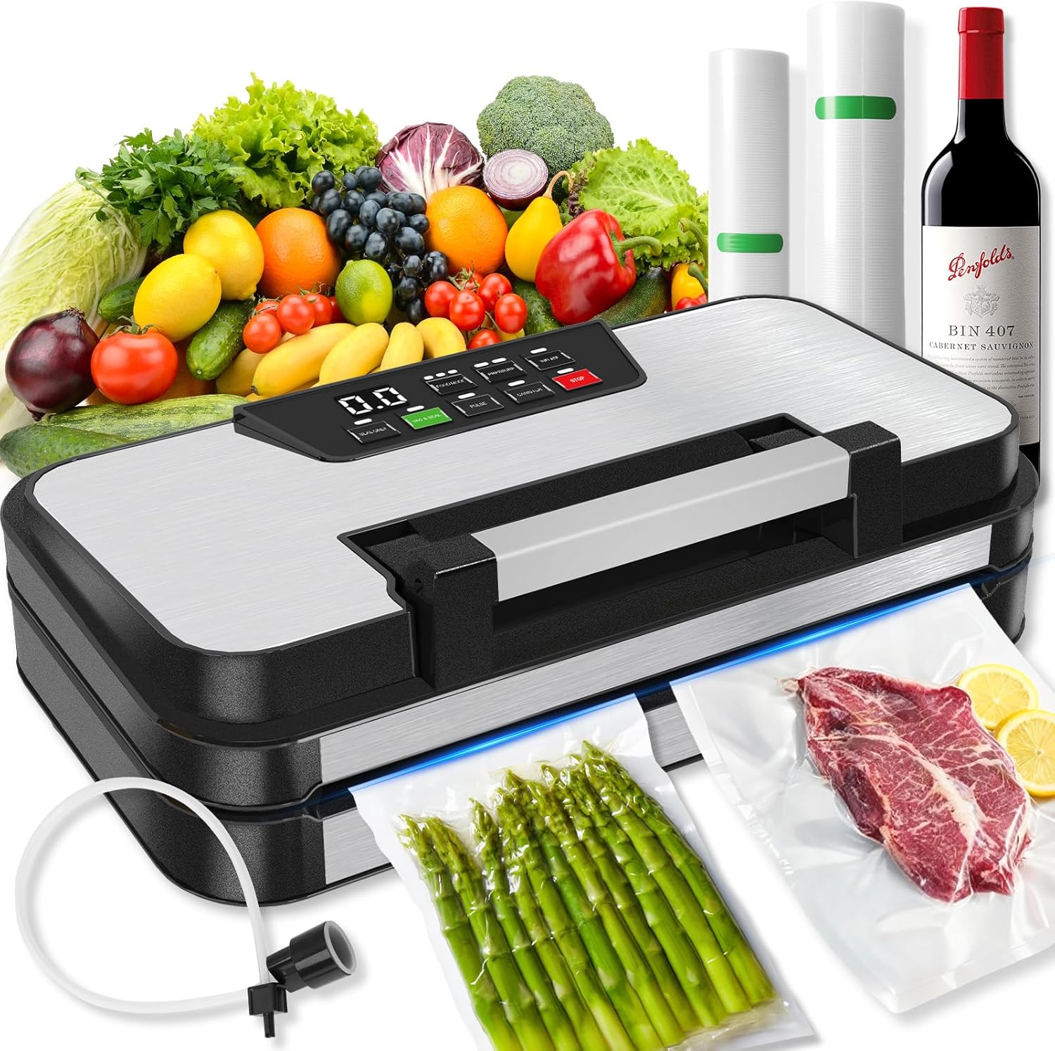 95kPa Vacuum Sealer Machine, 10-In-1 Multi Modes Vac Food Sealing System with Double Heat Seal with Built-in Cutter & Bag Storage, Easy-Lock Handle, Hose, 2 Bag Rolls, Durable Stainless Steel Design