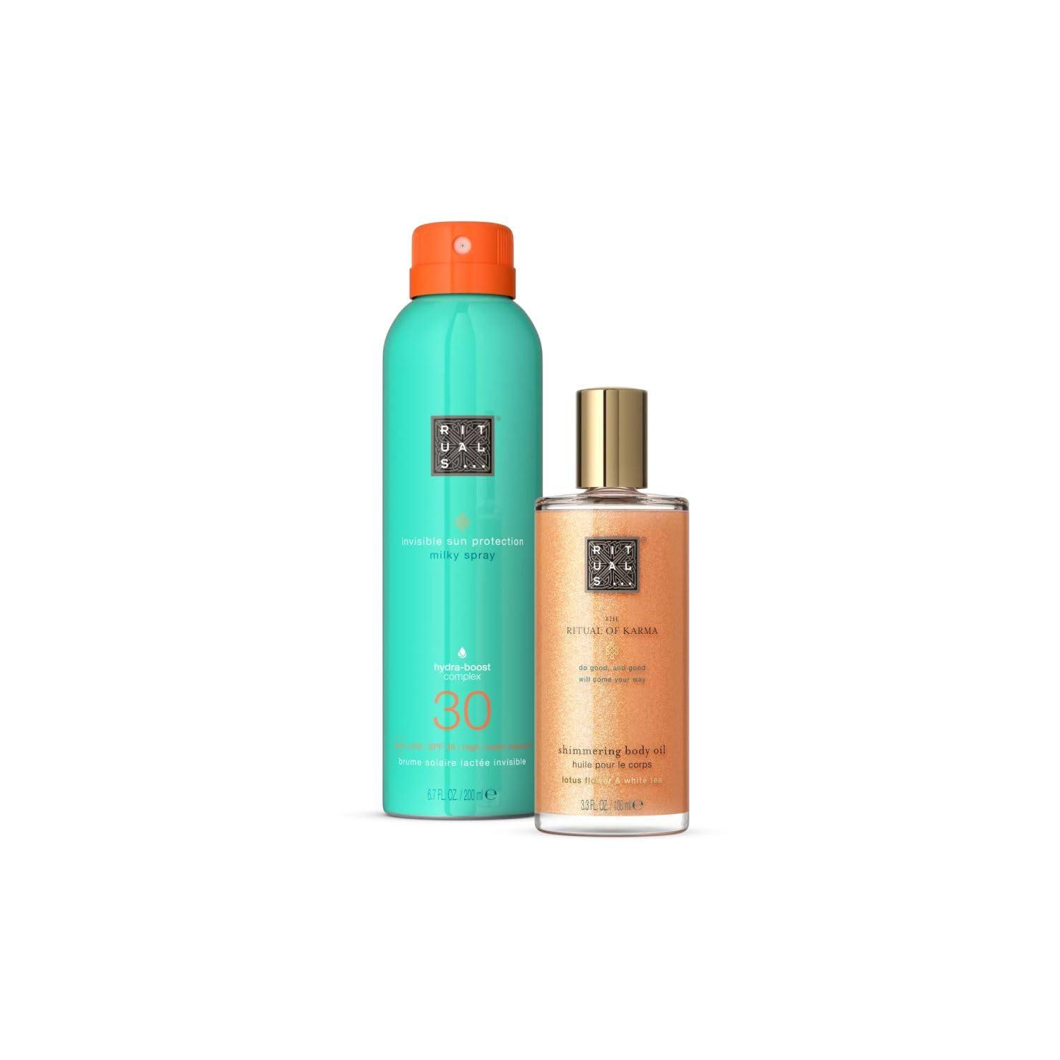 Rituals The Ritual of Karma - Summer Duo - SPF 30 Sun Cream Spray and Shimmering Body Oil - Gift Set with Aroma of Lotus and White Tea