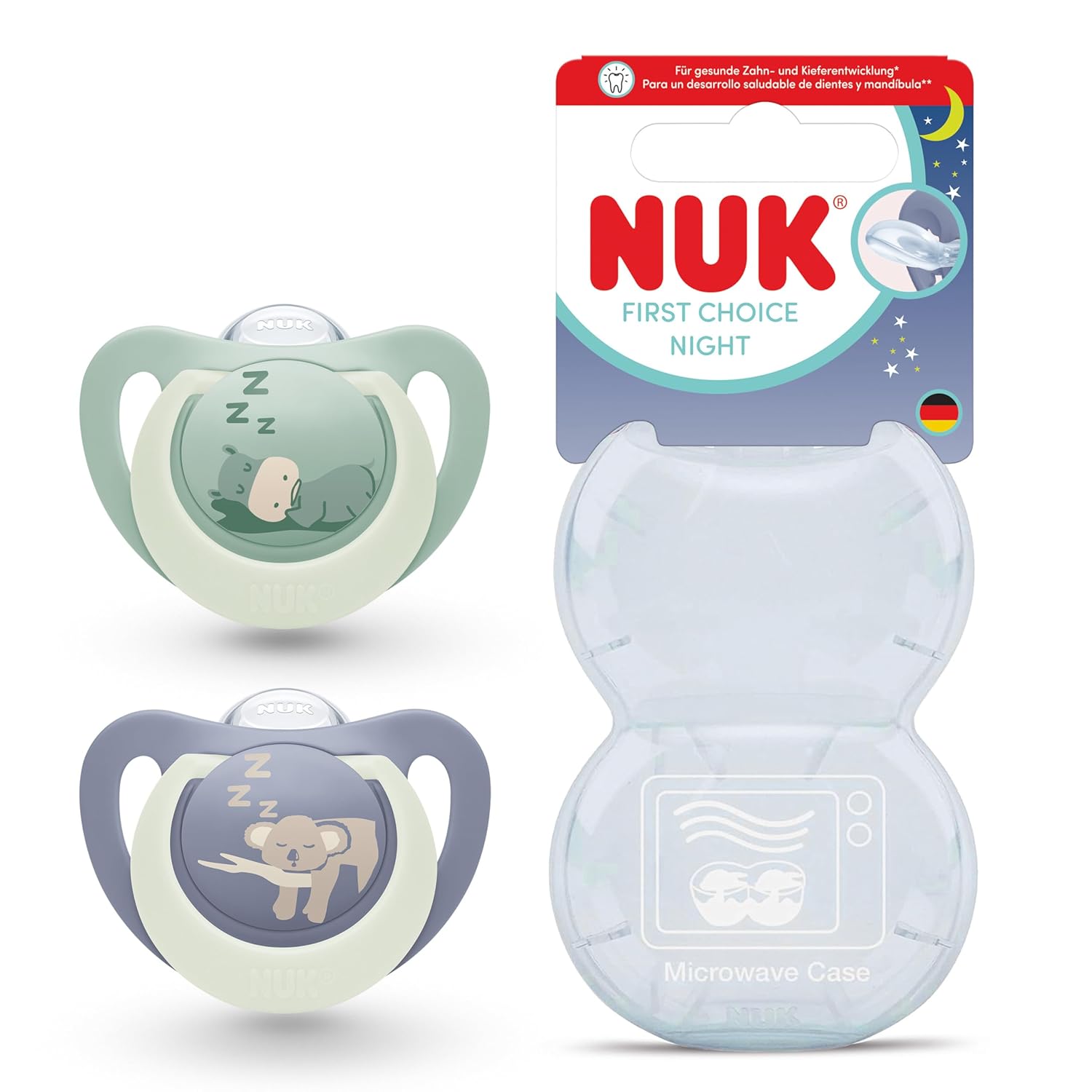 NUK First Choice Night Baby Dummy | 18-36 Months | Orthodontic Dummies that Glow in the Dark | Soothes 99% of Babies** | Hippo/Koala | 0-2 pieces
