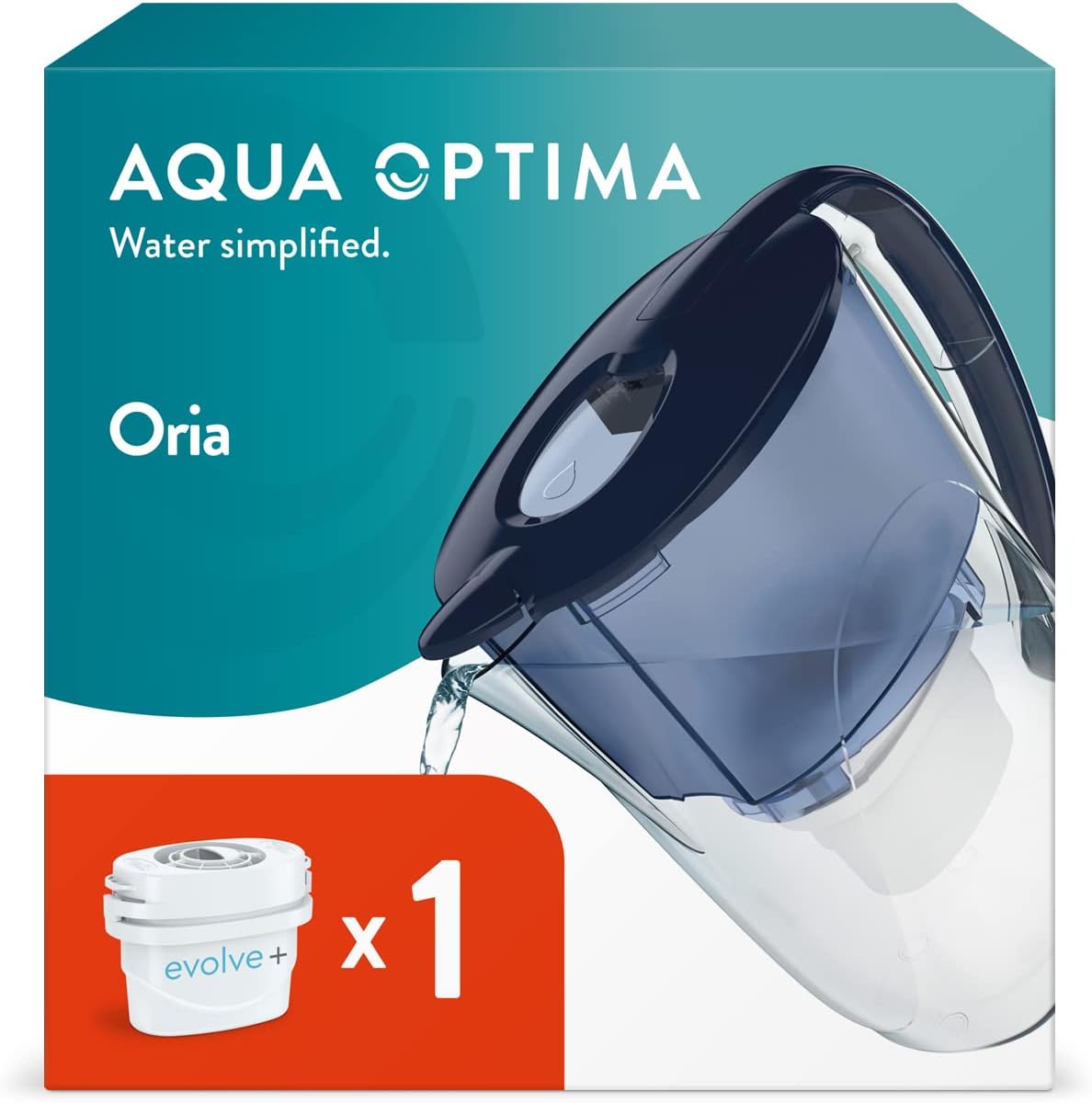 Aqua Optima Oria Water Filter Jug & 1 x 30 Day Evolve+ Water Filter Cartridge, 2.8 Liter Capacity, to Reduce Microplastic, Chlorine, Limescale and Impurities, Blue