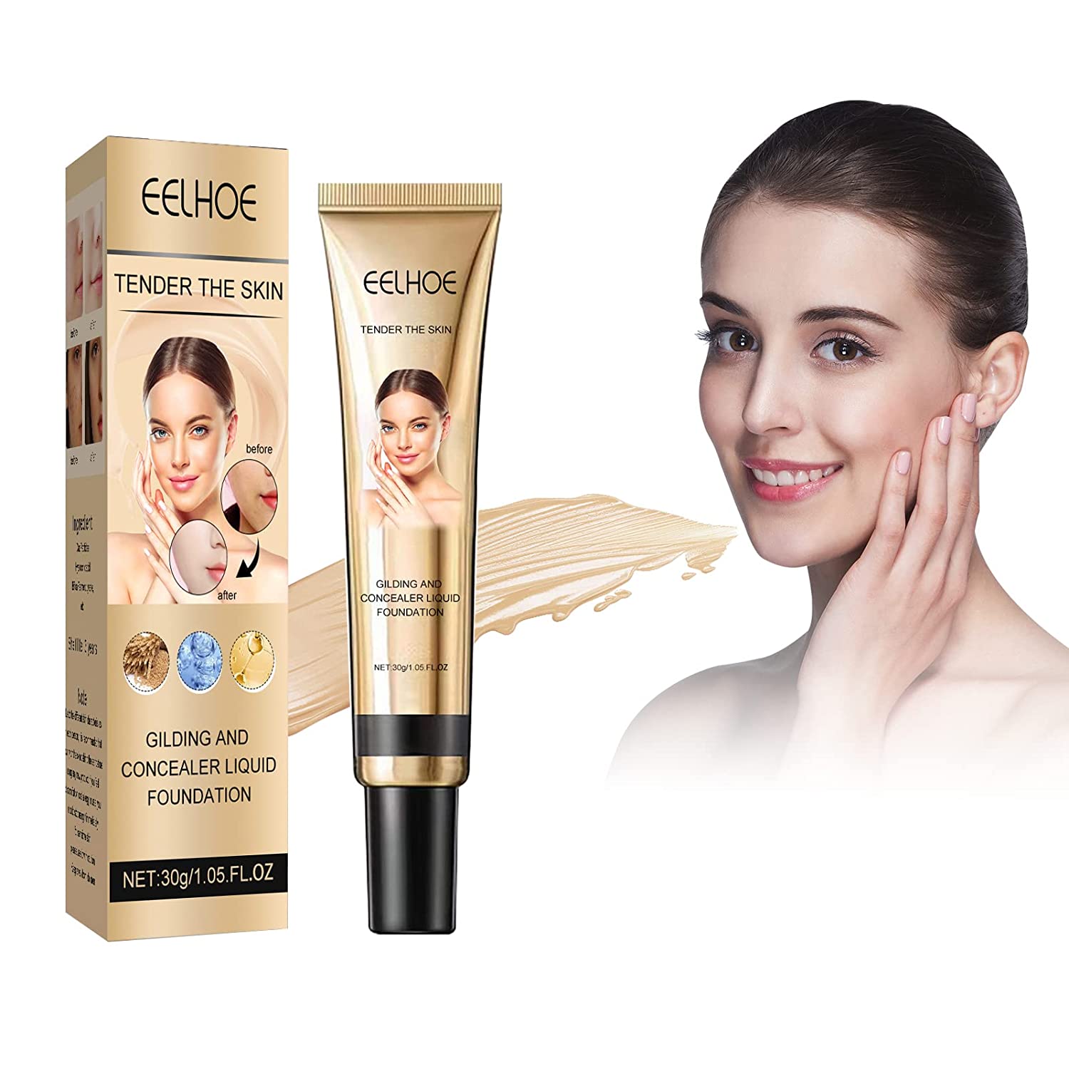 KUIRUNRX Liquid foundation, concealer foundation, liquid foundation, full coverage, face make-up base, full coverage, new formula, long-lasting, oil-free, smooth (natural colour), colour ‎natural