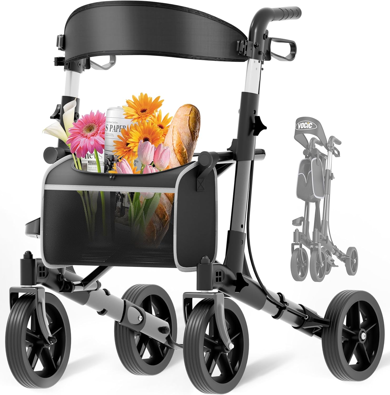 VOCIC Rollator Foldable and Lightweight with Seat, Rollators Slim for Home, Foldable Aluminum Walking Aid for Seniors, Weighs Only 7.8 kg, Buy Walker for All Terrains, 5 Year Support, Obsidian