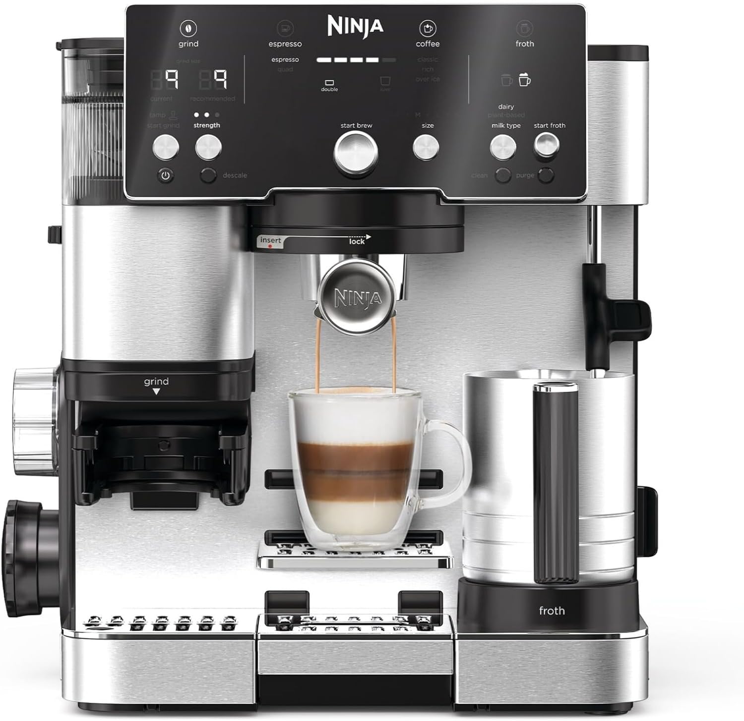Ninja Luxe Essential ES501EU 2-in-1 Coffee Maker with Grinder and Frother for Latte, Cappuccino & Espresso, Easy to Use, 2 Presets for Frothing, Silver