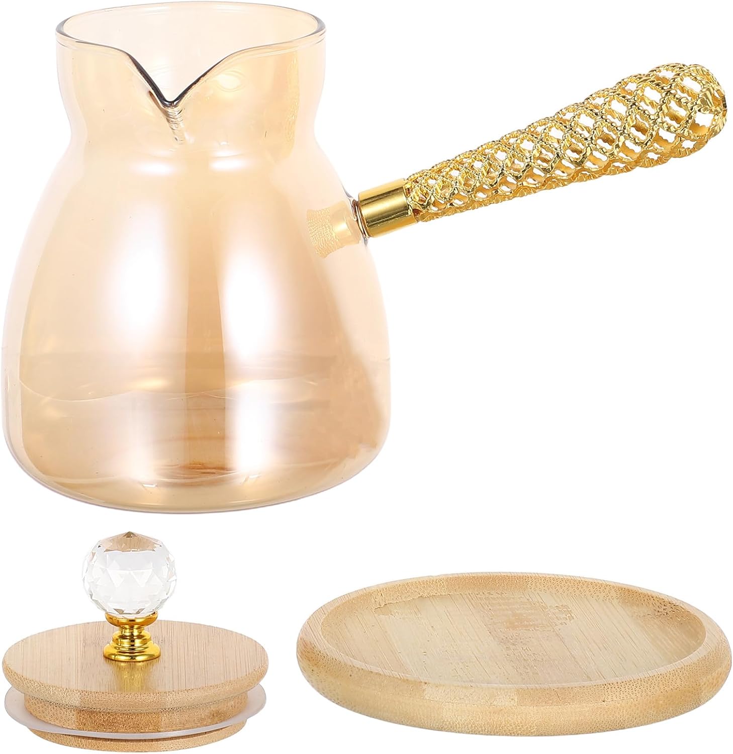 Yardenfun Turkish Glass Coffee Maker Cezve 550 ml Side Handle Heat Resistant for Stove and Milk Melting Gold-Colored Teapot for Manual Preparation