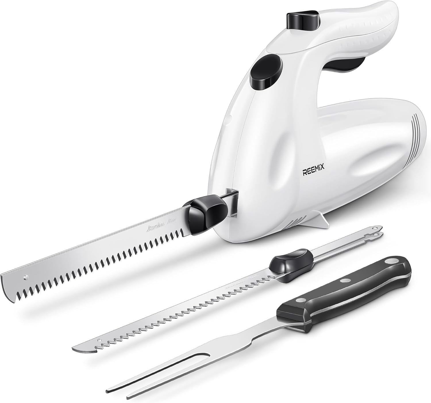 Reemix Electric Knife Kitchen Electric Knife for Meat Kitchen Knife Electric for Freezing Goods, Usable Blade Length 15 cm, Stainless Steel Knife Blade Pairs with Fine and Coarse Teeth (Pearl White)