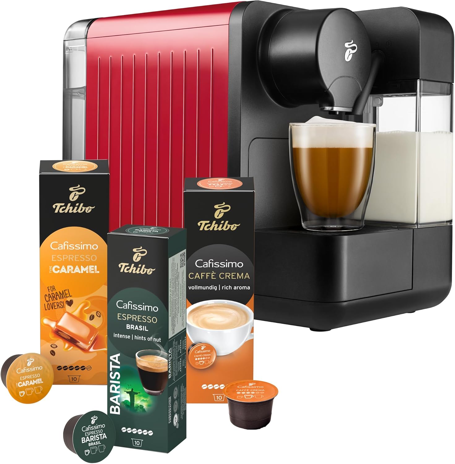 Tchibo Store Tchibo Cafissimo \"milk\" Coffee Machine Capsule Machine with 30 Capsules for Caffè Crema, Espresso, Coffee and Milk Specialities, Capsule Machine with Milk Frother, Red