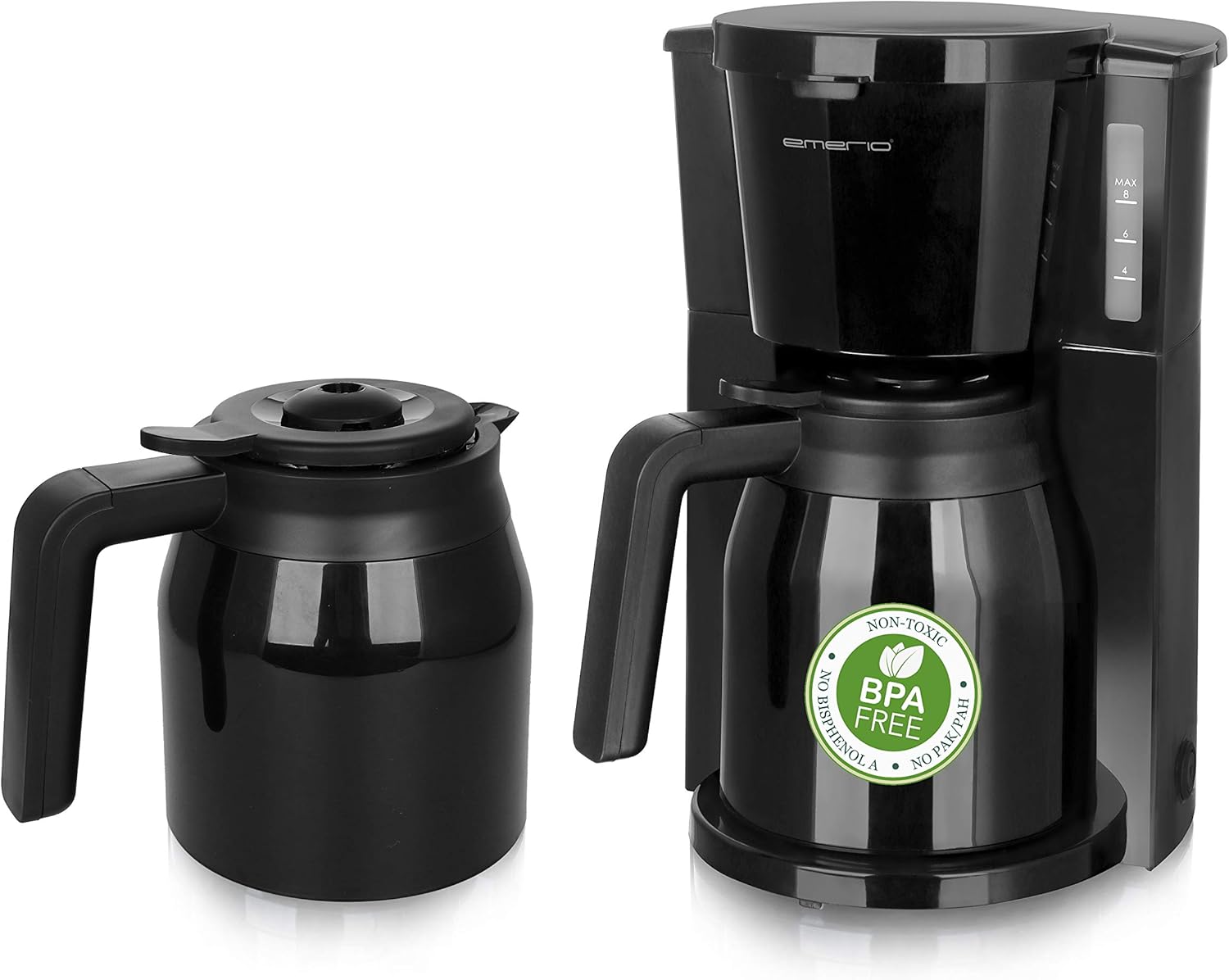 Emerio CME-125050 Filter Coffee Machine with 2 Thermal Jugs, 900 W, up to 8 Cups in One Pass Swivel Filter 1 x 4 with Drip Stop, Includes Permanent Filter, Automatic Shut-Off, Black