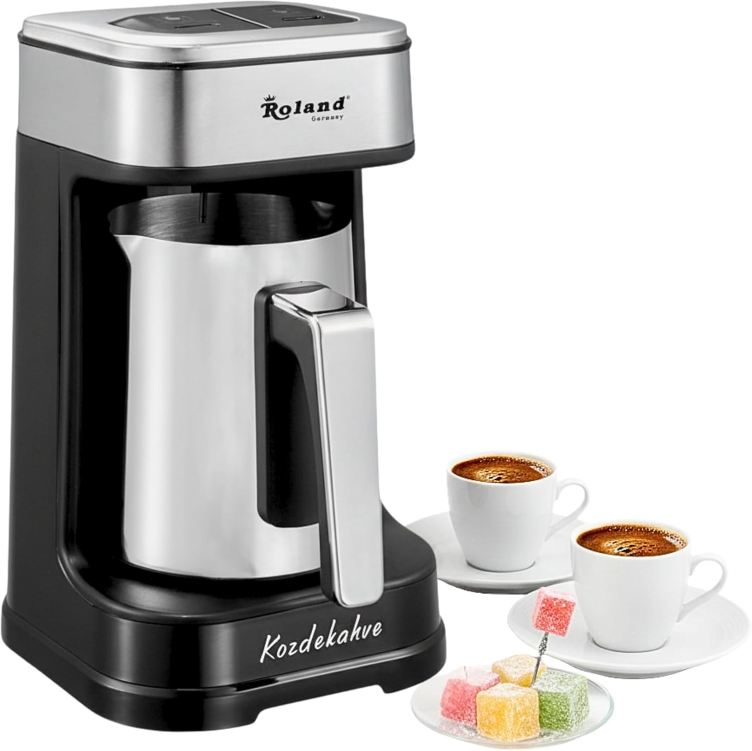 Roland Germany Store Roland Germany Turkish Coffee Machine, 600 W, Coffee Pot, Slow Cook Technology, 4 Cup Capacity, with Coffee Measuring Spoon, Double Spout, Sound and Light Warning System (1, Silver)