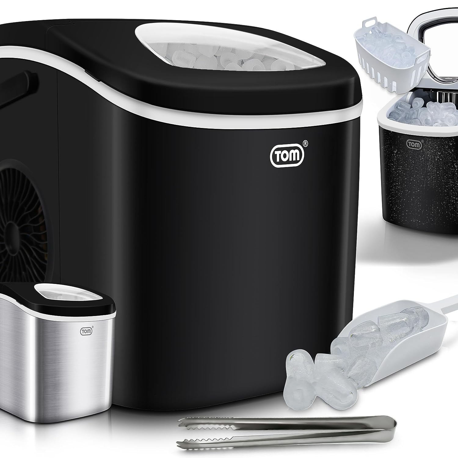 TOM Ice Cube Maker - 9 Ice Cubes in 6-8 Minutes - 12 kg/24 Hours - 2 Cube Sizes - Ice Maker Ice Maker with 1.3 L Water Tank - LED Display - Includes Accessories & Ice Tongs as Gift - Ice Maker