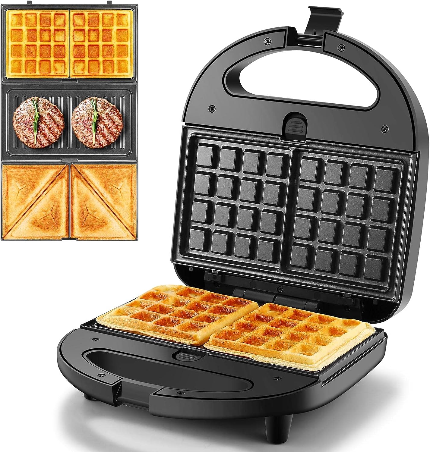 Yashe Multifunctional Device 3-in-1 (Sandwich Maker, Sandwich Toaster, Contact Grill, Waffle Iron, Panini Machine), Non-Stick Coated Removable Plates, 750 W, LED Indicators, BPA-Free, Black