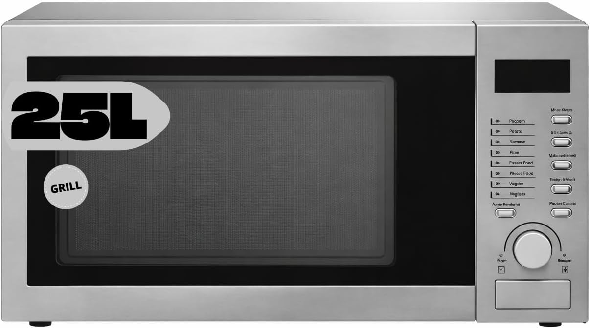 Digital microwave with grill, 25 l, 900 W, microwave with defrost function, digital panel, 30-minute timer, glass turntable and interior light – stainless steel