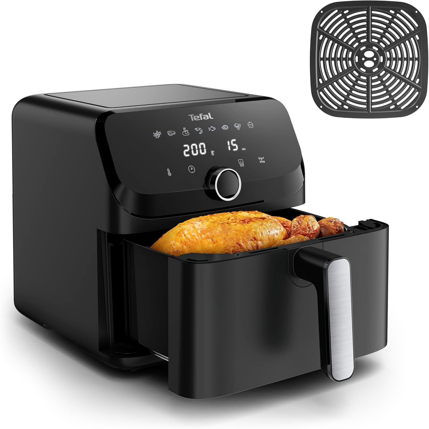 Tefal Easy Fry Mega Hot Air Fryer, 7.5 Liter Capacity, Up to 8 People, 99% Less Fat, 8 Automatic Cooking Settings, Digital Display, Dishwasher Safe, Black, EY8558E0