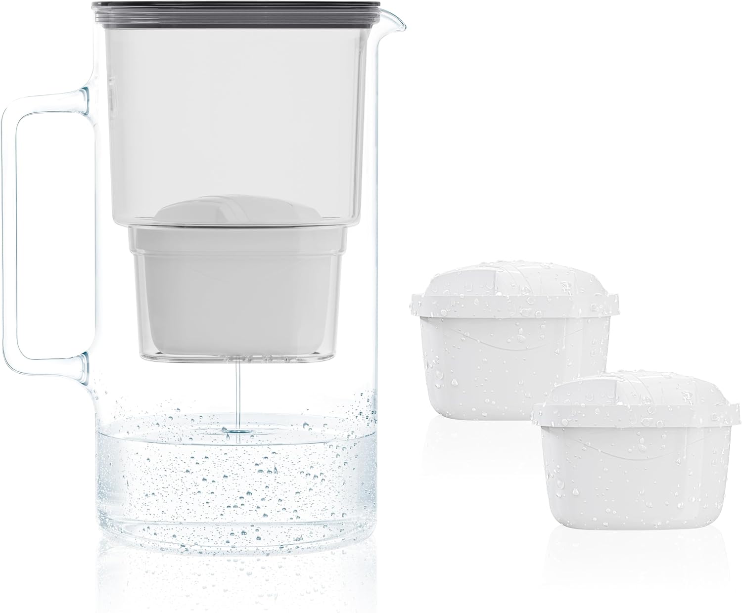 Wessper Water Filter Jug Glass 3 L, Set Water Jug and 2 Filter Cartridges, Compatible with Brita Maxtra, Water Carafe for Drinking Water with Replacement Filter, Black