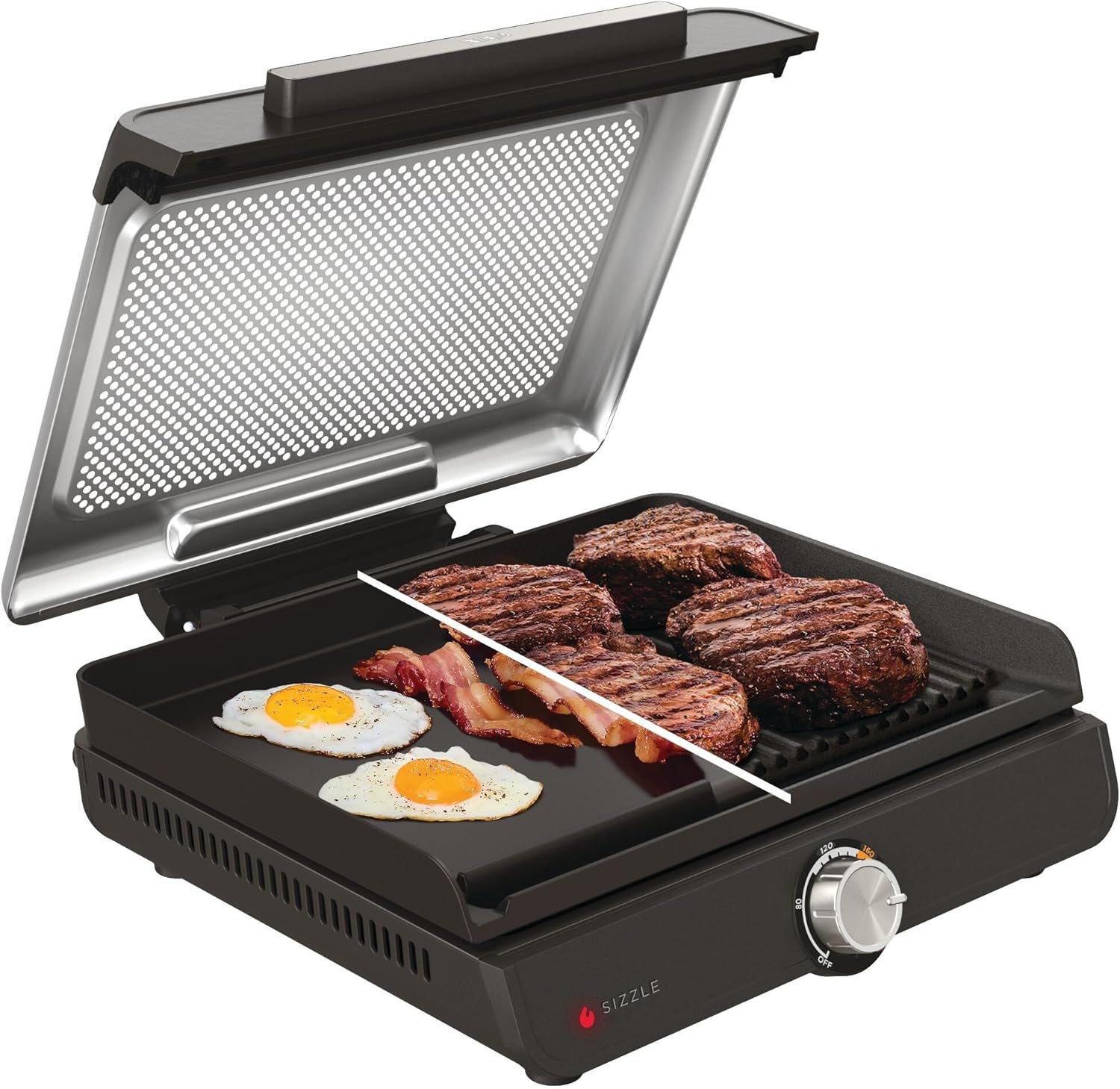 Ninja Sizzle Electric Grill Indoor & Plancha (Flat Grill Plate) with Non-Stick Grill Plate, Removable & Dishwasher-Safe Lid, Grease Collection Container, Temperature Control & Recipe Book, Gray