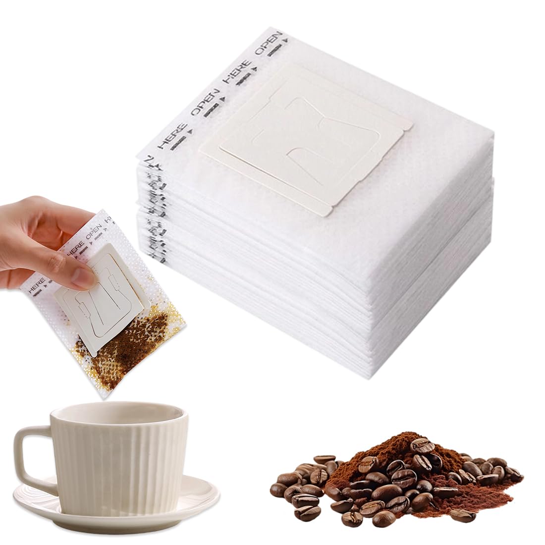 BCHKO 50 Disposable Filter Coffee Bags, Hanging Filter Coffee Bags, Portable Paper Coffee Filters, Hanging Coffee Filters, Foldable Coffee/Tea Filter Bags (Suitable for Travel, Home, Office)
