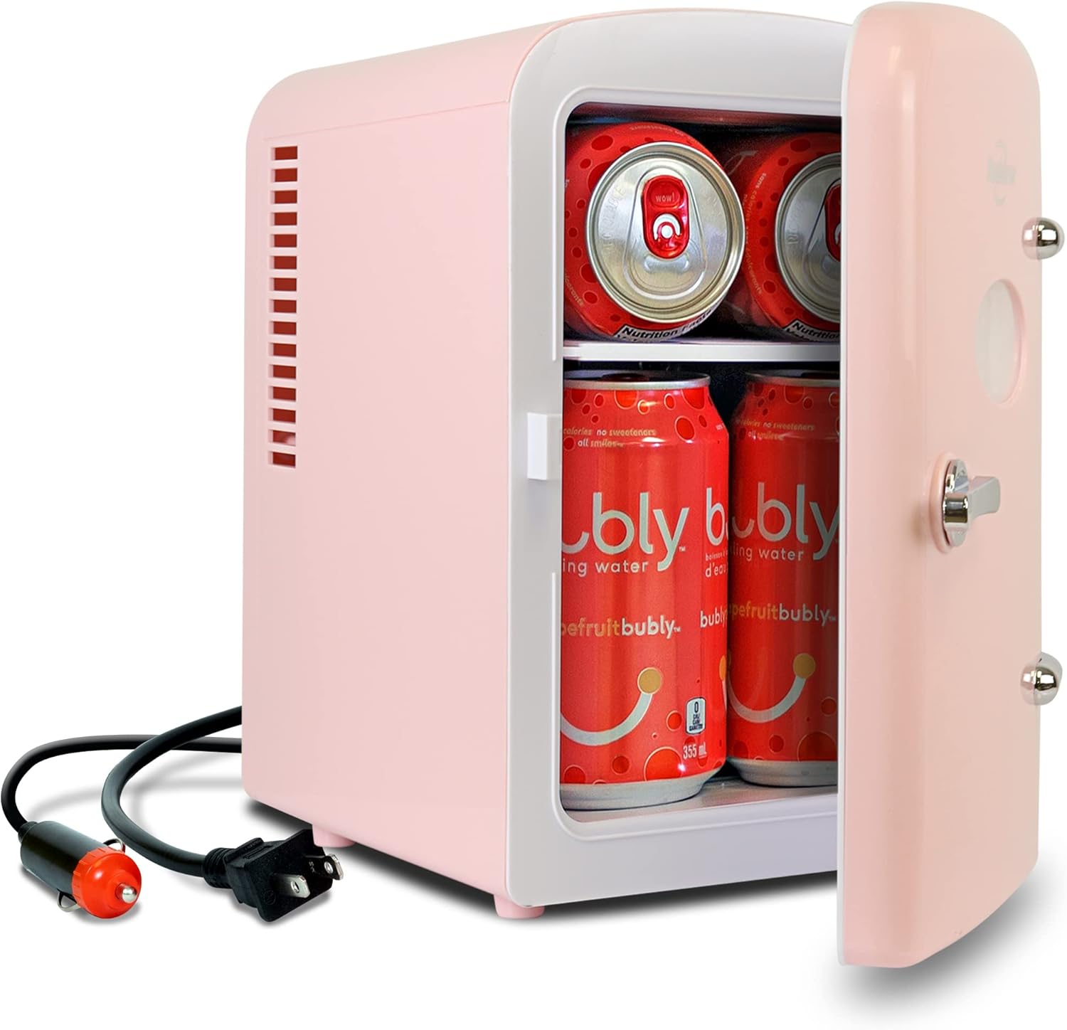 Koolatron Retro Mini Fridge 4 Litres 6 Cans Small Fridge for Bedroom, Skin Care, Food Drinks, Cosmetics, Children, Home, Car & Travel, 12 V DC Power Cable, Pink