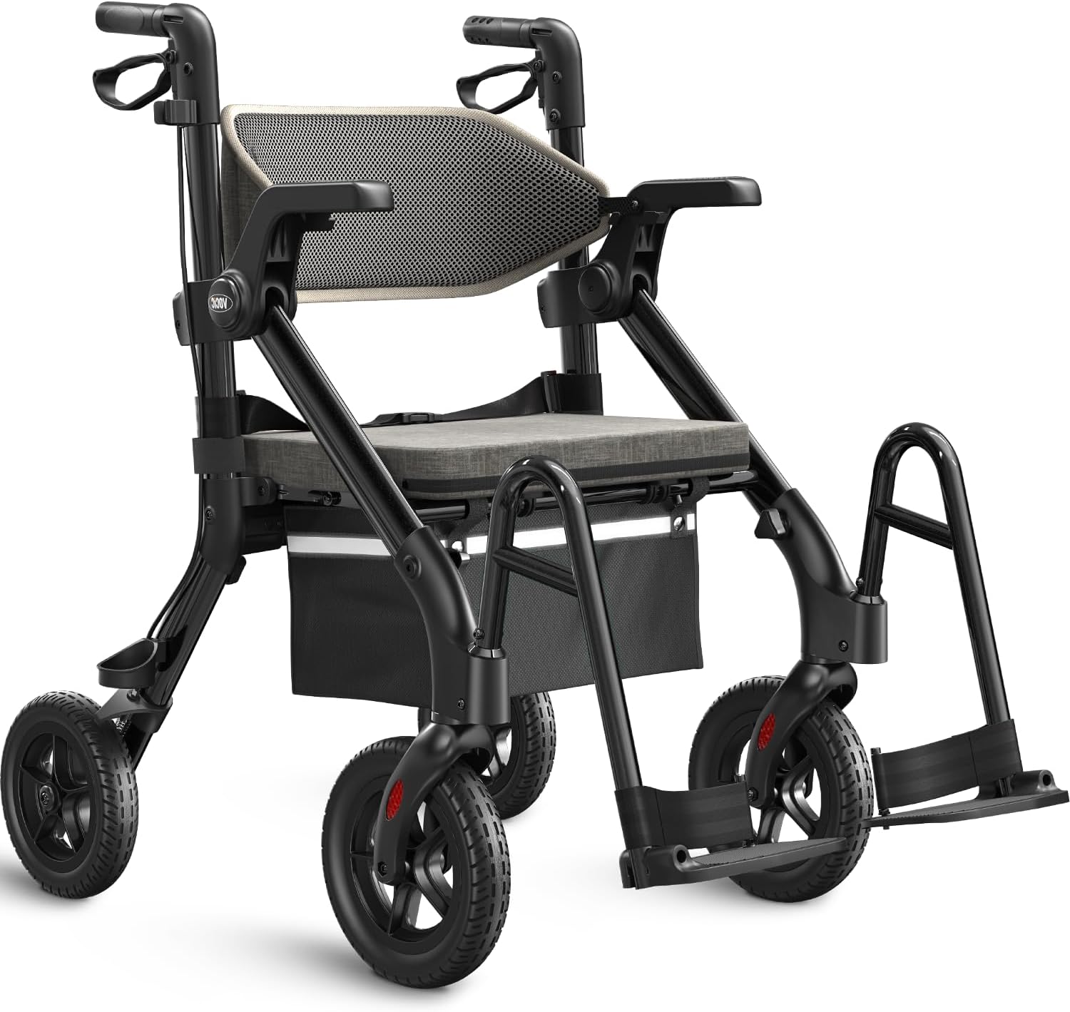 VOCIC Z55 Rollator Wheelchair Foldable and Lightweight with Seat, 2-in-1 Wheelchair Folding Rollators for Seniors, Outdoor Rubber Tires for All Terrain, Aluminum Walker Transport Chair, Obsidian