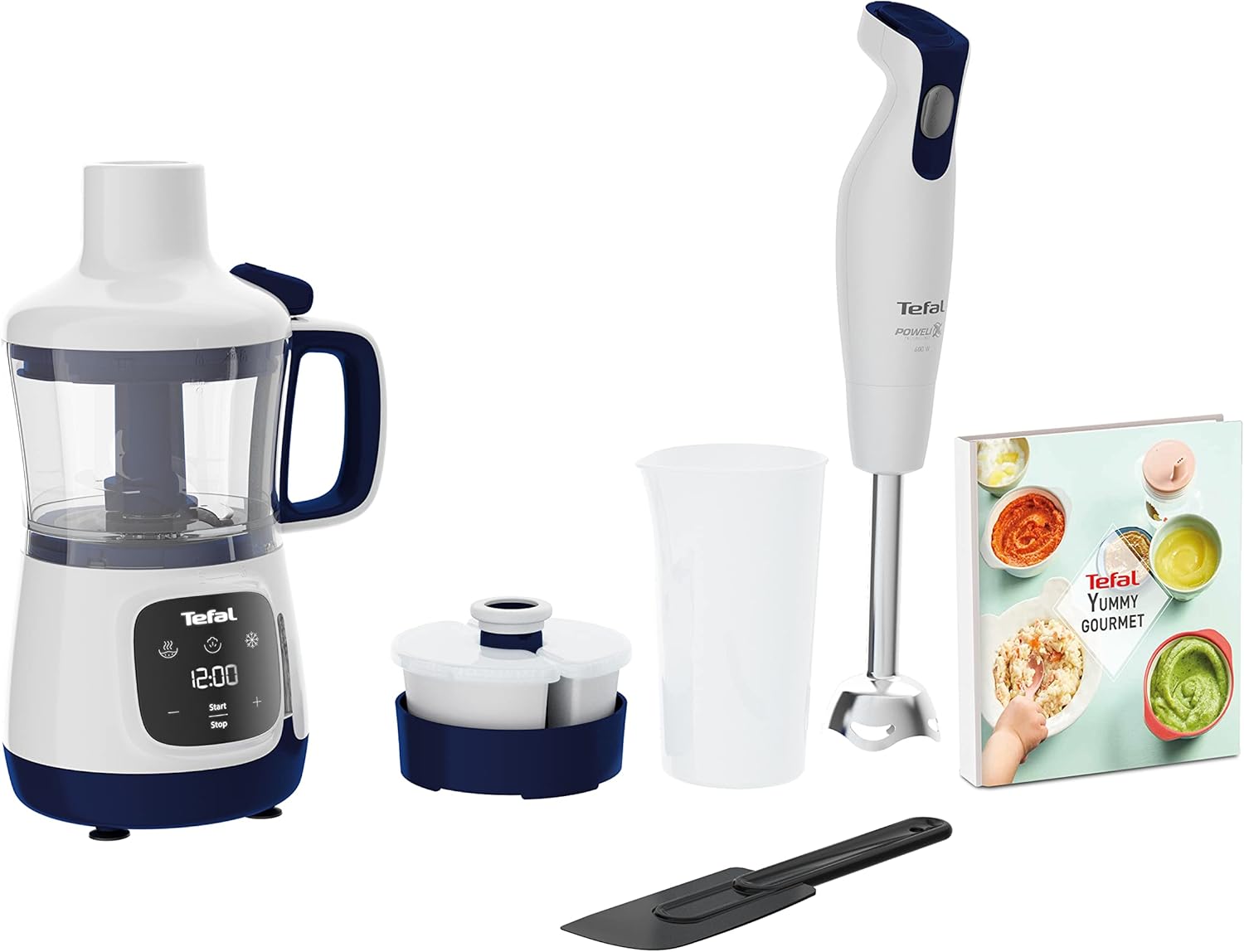 Tefal HB55W4 Yummy Gourmet Baby Food Preparer | Includes Hand Blender, Spatula, Measuring Cup, 2 x Ceramic Storage Containers, Recipe Book | Touchscreen | Dishwasher Safe Accessories | White/Blue