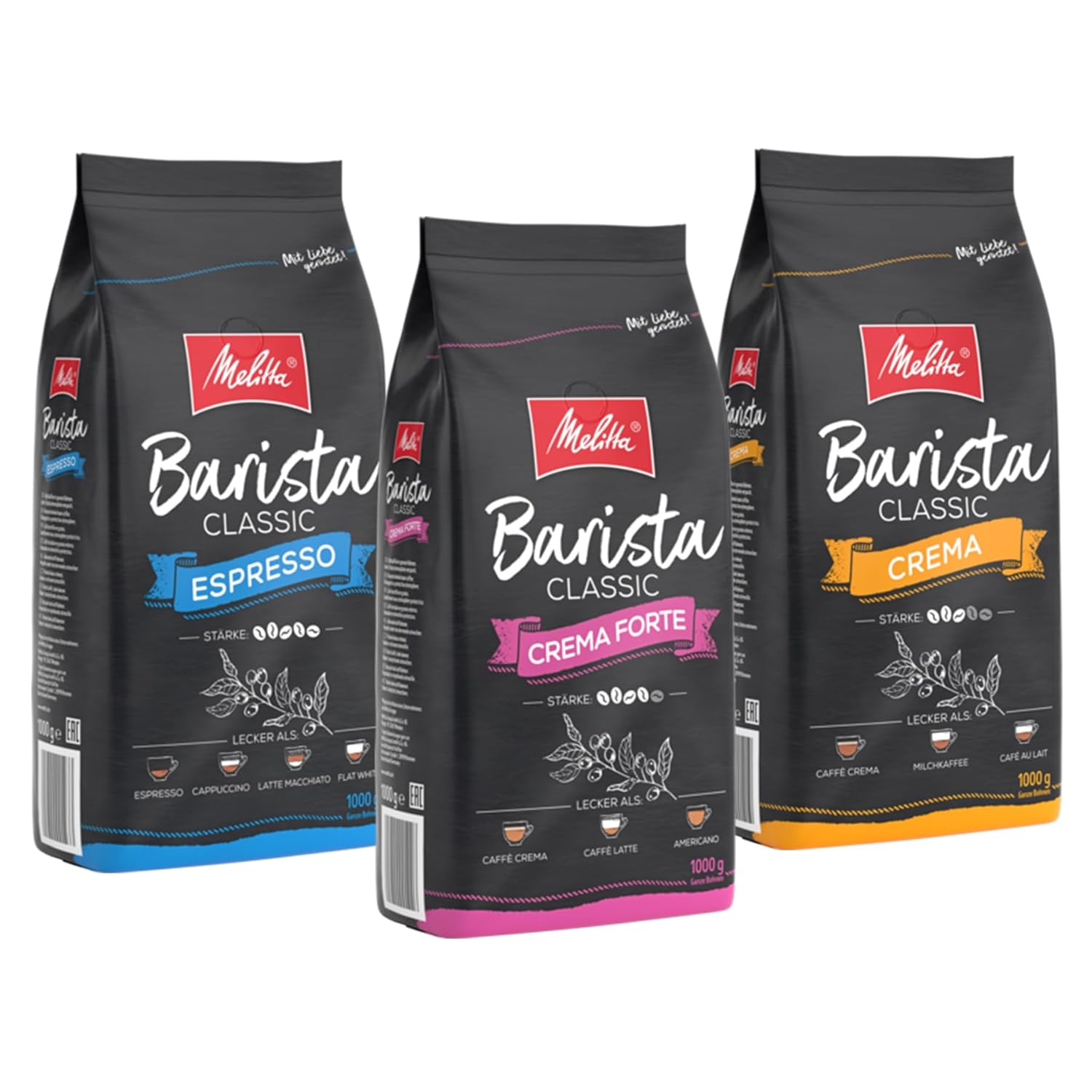 Melitta Barista Classic Trial Pack Crema Crema Forte Espresso Whole Coffee Beans 3 x 1 kg Unground Coffee Beans for Fully Automatic Coffee Machine, Roasted in Germany