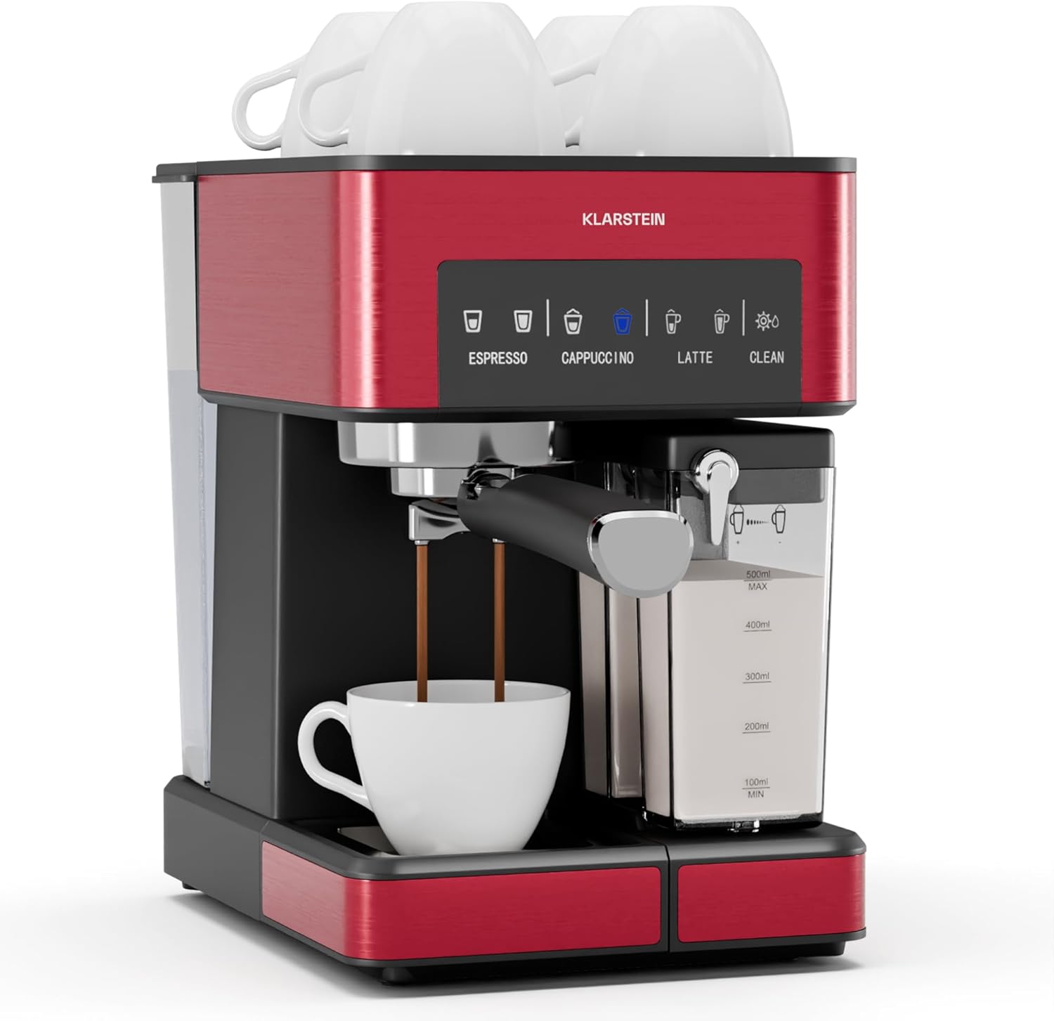 Klarstein Arabica Comfort Portafilter Machine - 20-Bar, 1350W, with Milk Frother, for Ground Coffee & Pads, 1.8 L Water Tank, Touch Control Panel, Removable Milk Tank, Frothing Nozzle Made of Stainless Steel