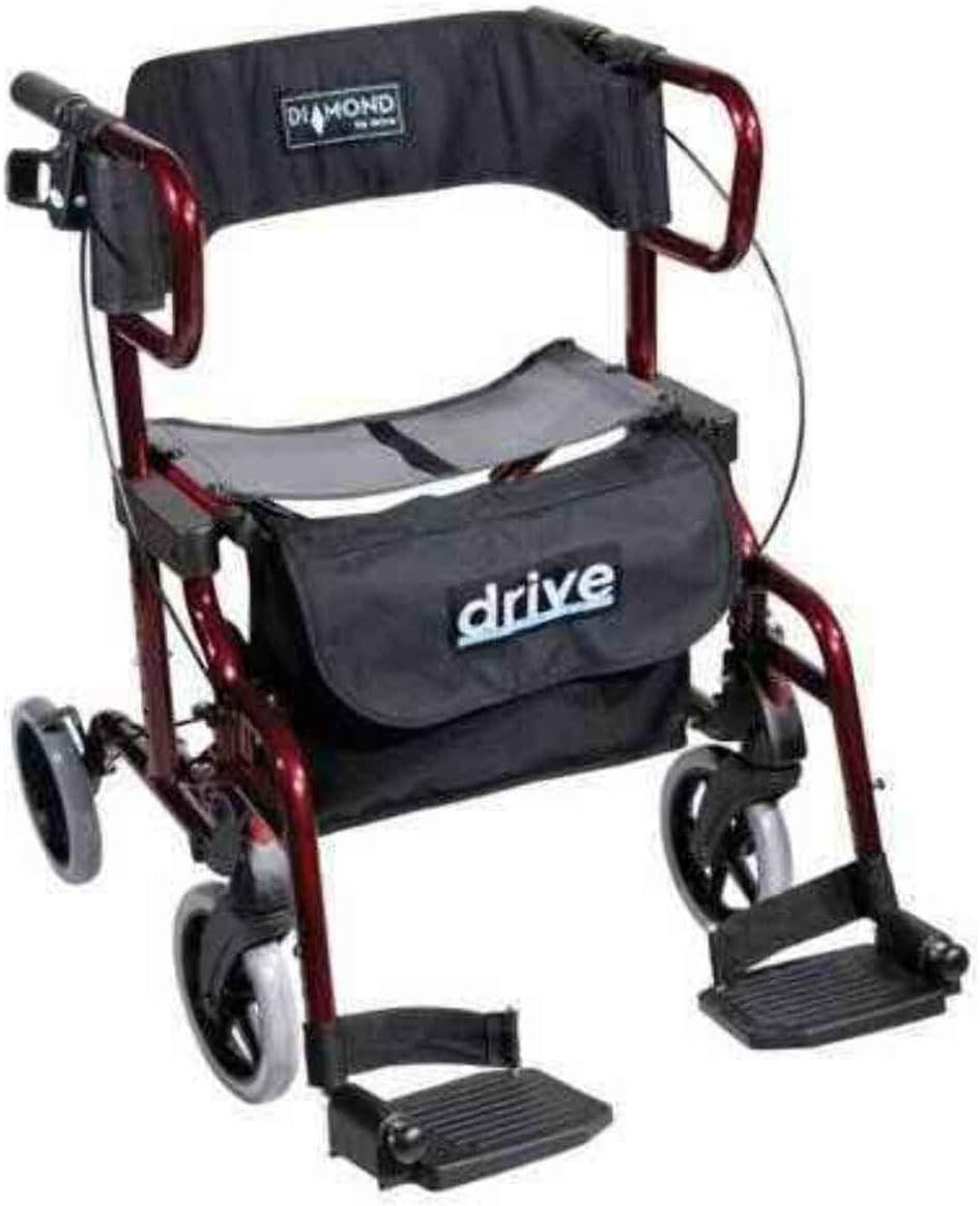 Drive Medical Diamond Deluxe Aluminum Transport Wheelchair / Rollator, Cherry Red