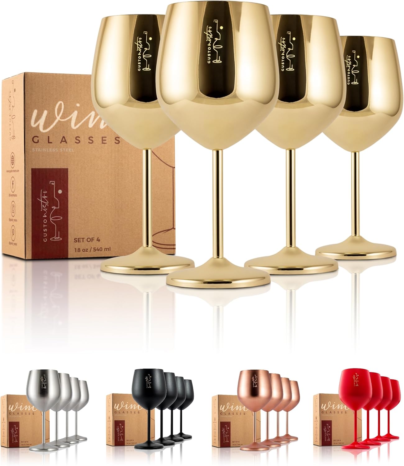 Gusto Nostro Store Gusto Nostro Stainless Steel Wine Glass - Unbreakable Goblets with 540 ml - Elegant Drinkware in Gold for Champagne and Cocktails (Pack of 4)
