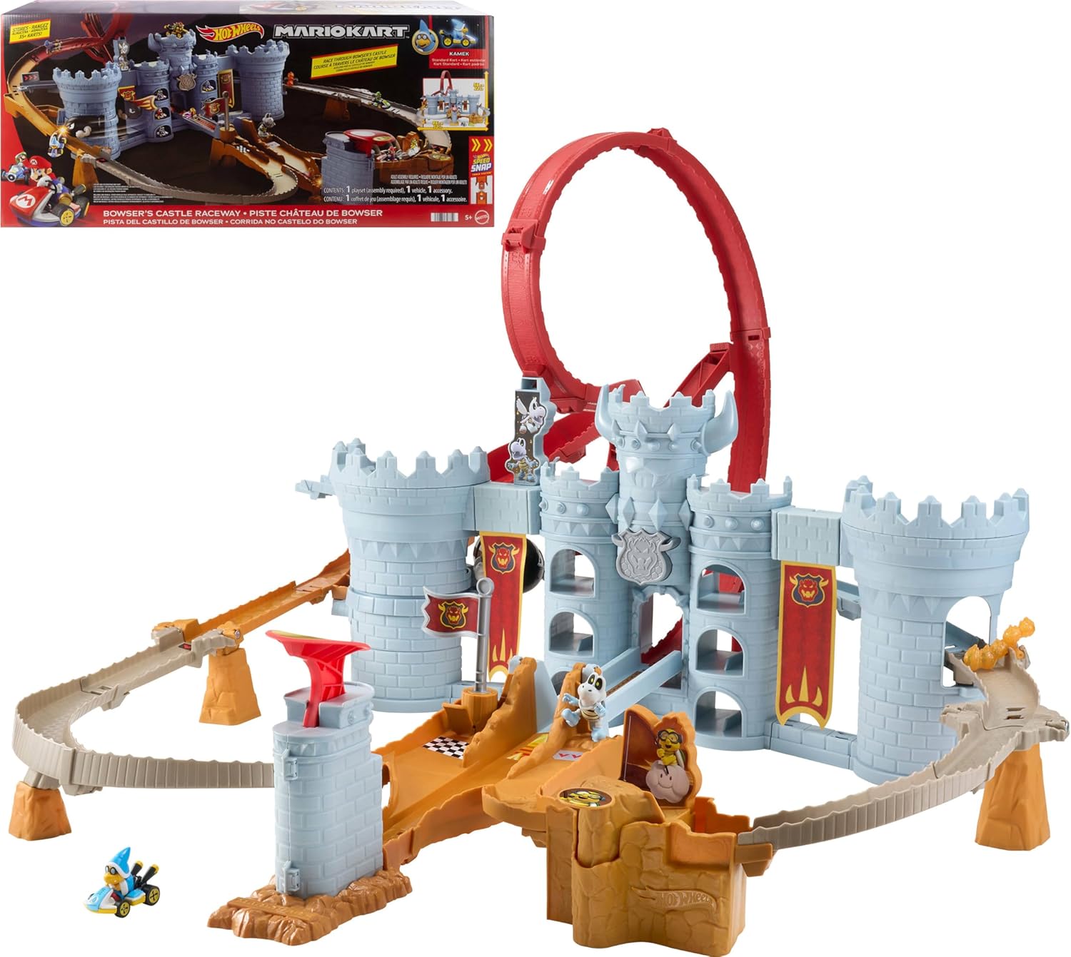 Hot Wheels JHD24 Mario Kart Bowser\'s Fortress Playset & Die-Cast Kamek 1:64 Scale Interactive Play with Space for Over 30 Vehicles