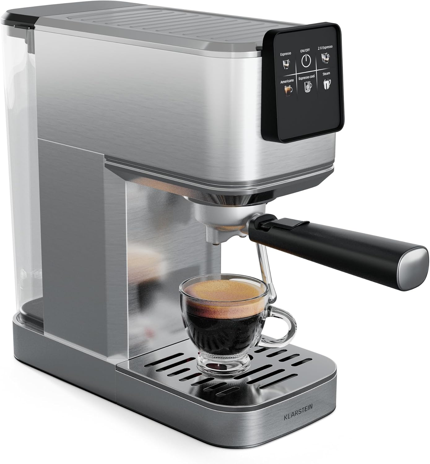 Klarstein SteelPresso Touch Slim Portafilter Machine - 20-Bar, 1350W, 1.2L Water Tank, Steam Nozzle, Stainless Steel, Compact, Easy to Use, Easy Cleaning, Coffee Machine Portafilter