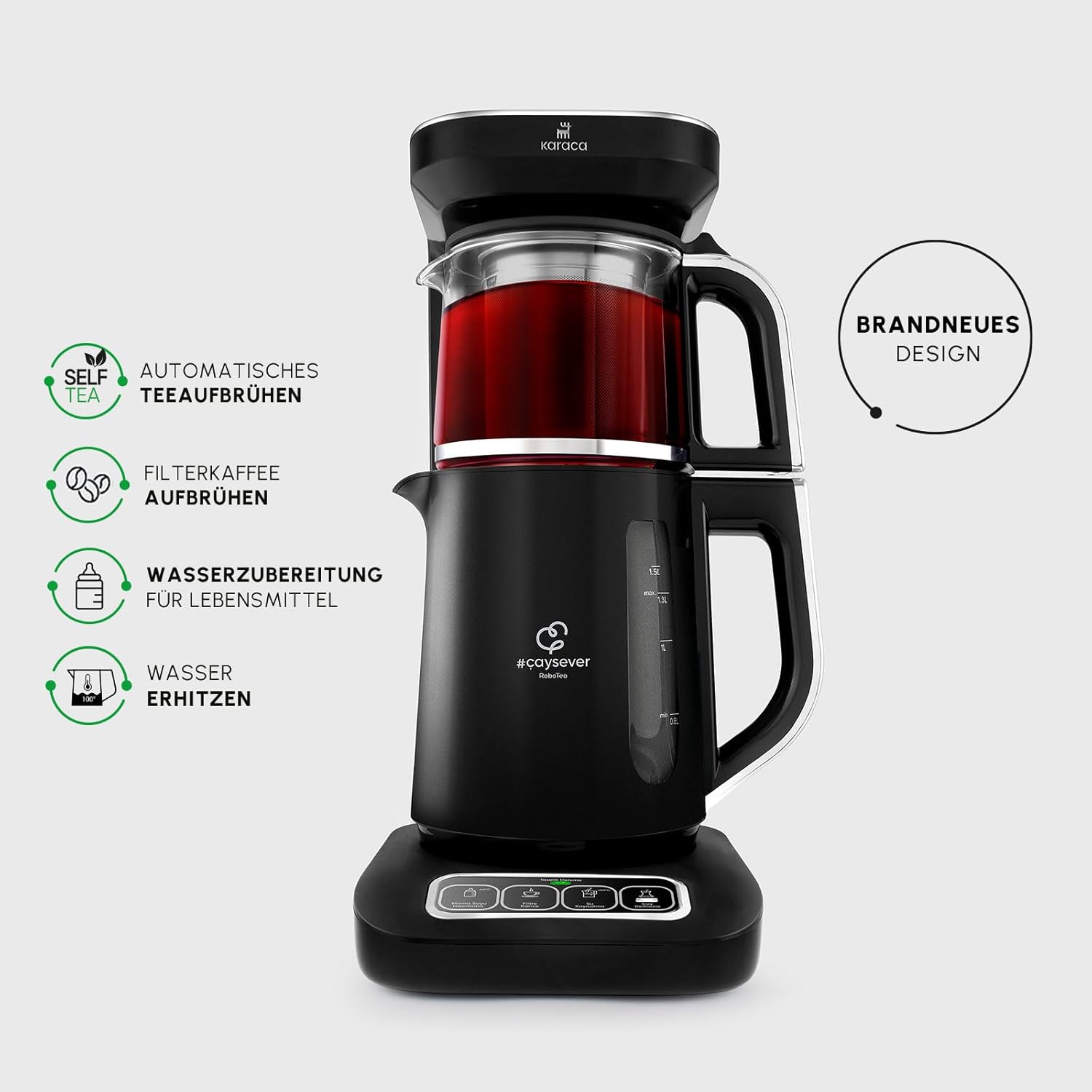 Karaca Caysever Robotea Pro 4-in-1 Talking Automatic Tea Maker & Caydanlik, Filter Coffee Machine, Porridge Water Heater and Kettle Tea Machine, 2500 W, Chrome Turkish Teapot