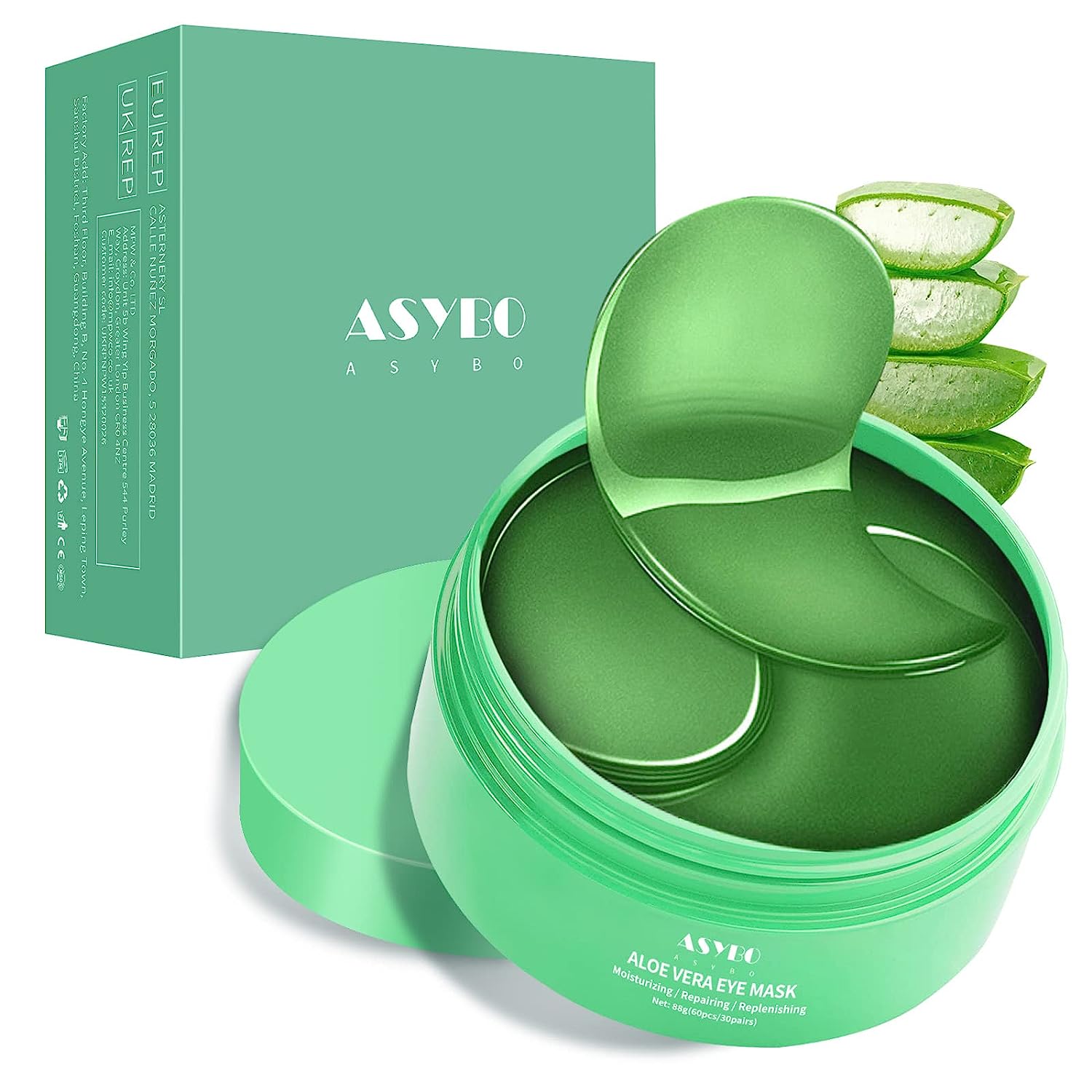 Asybo Aloe Vera Eye Mask, 60 Pieces Under Eye Spots, Eye Treatment Mask for Under Eye Bags, Dark Circles, Puffy Eyes, Fine Lines, Anti-Aging, Moisturising Eye Mask