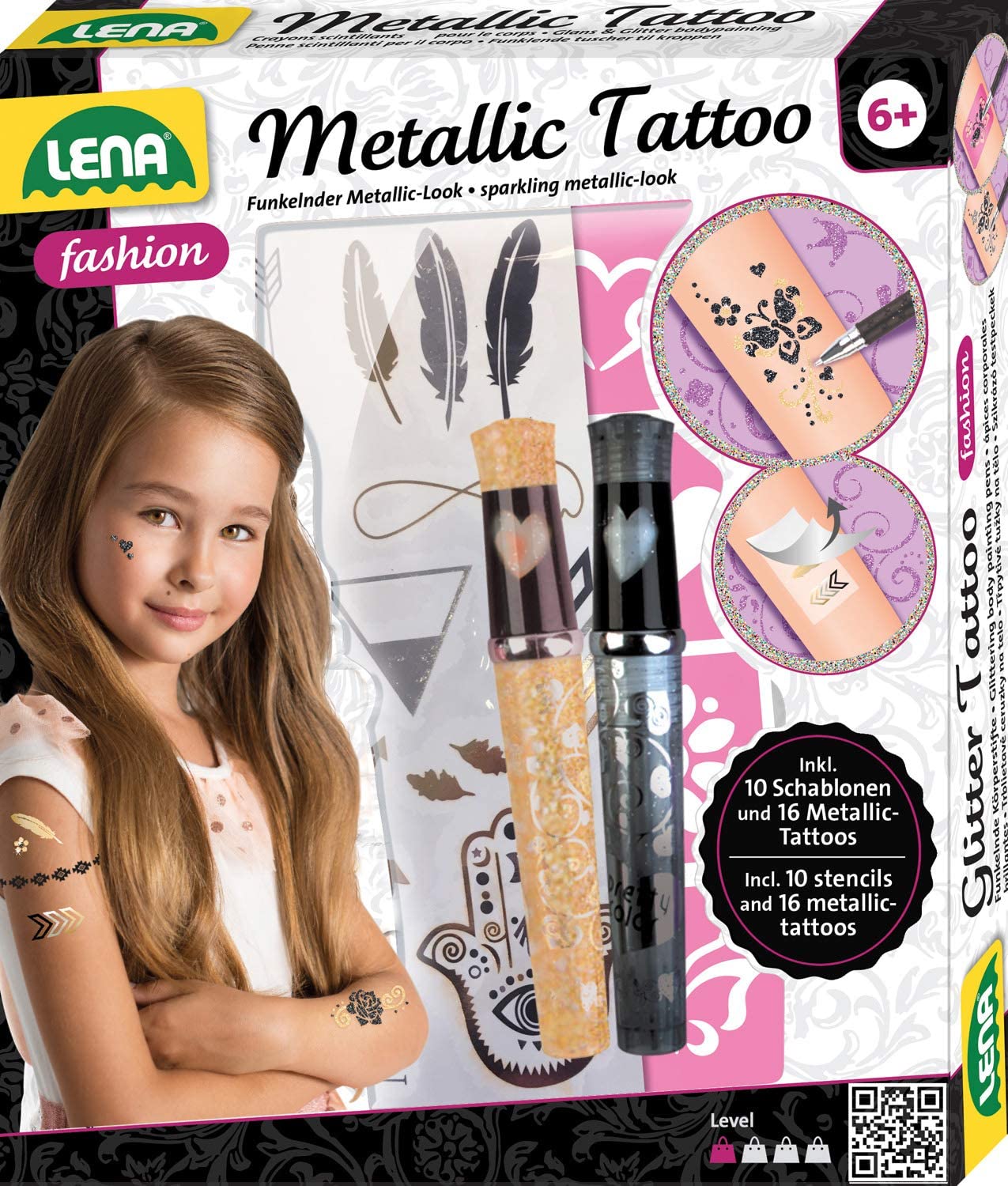 Lena 42441 Fashion Tattoo, Fashion Set for Styling and Decorating with 10 Stencils and 2 Glitter Pens, Body Jewellery with 16 Metallic Tatttoo for Children from 6 Years, Colourful, ‎colourful