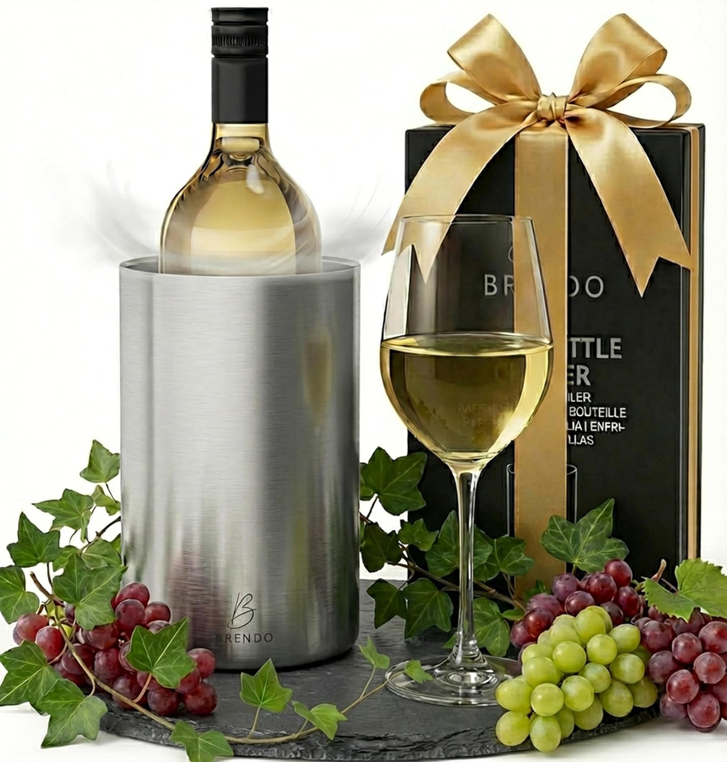 Brendo Wine Cooler Stainless Steel Bottle Cooler Champagne Cooler Double Walled Insulated Wine Bottle Cooler Drink Cooler White Wine Gift Set Men Women Wine Accessories Gift Idea - Silver