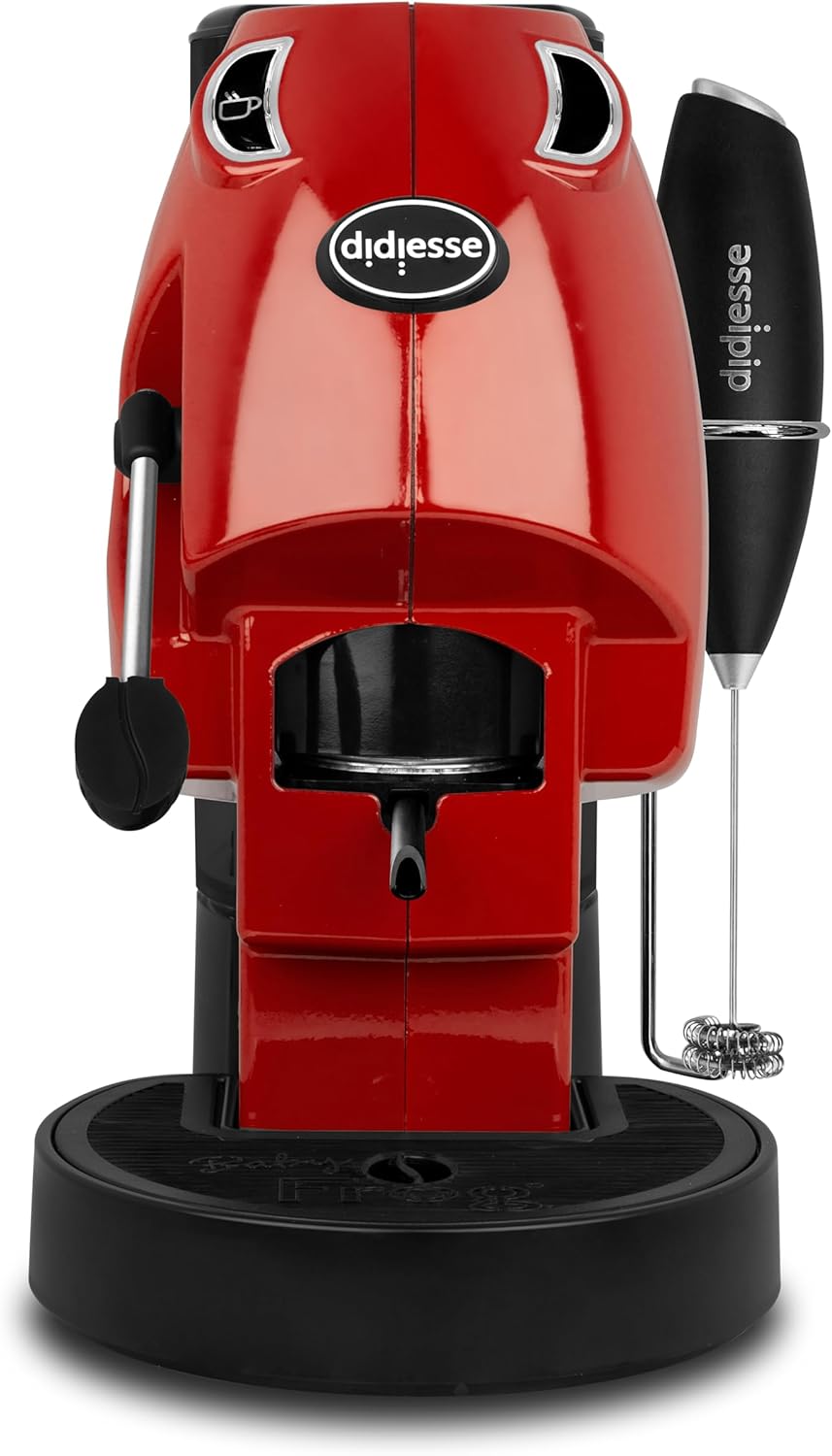 Didiesse Baby Frog Coffee & Tea Coffee Maker for Pods, with Milk Frother and Double Pad Holder for Coffee and Tea, Low Consumption 450W, Hot Water Dispenser (Full Red)