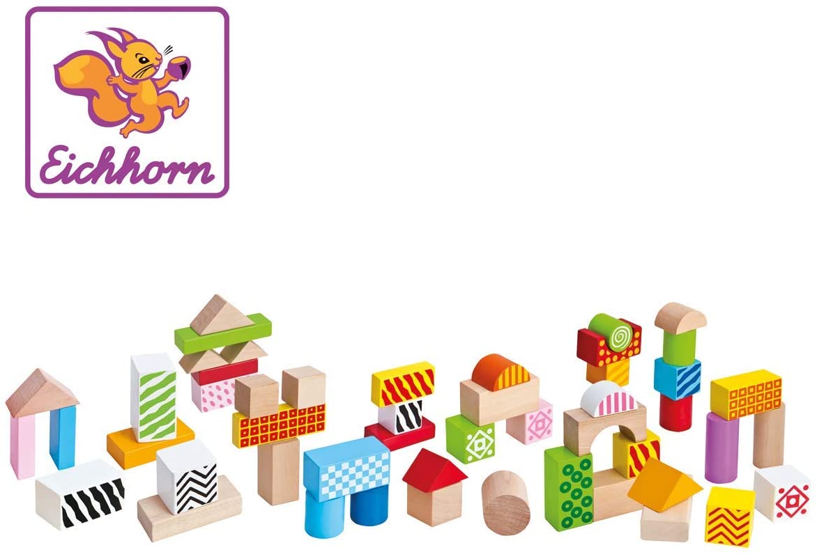 Eichhorn 100002226 - Colourful Printed Wooden Blocks Birch Wood 50 Pieces in a Storage Drum