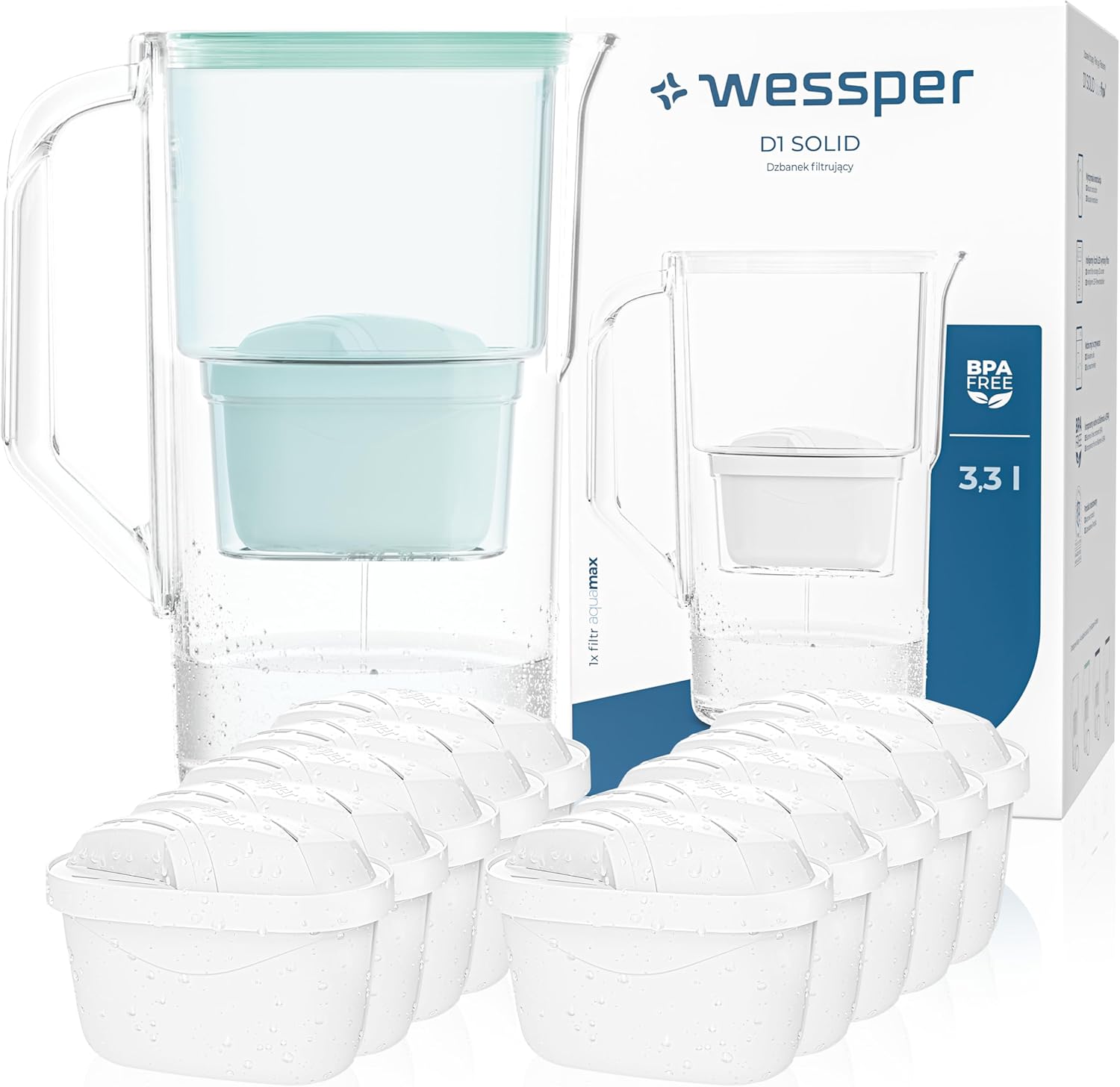 Wessper Water Filter Jug 2.8 L Aqua Max Basic, Set Water Jug and 10 Filters Compatible with Brita Maxtra, Water Filter System Reduction of Limescale, Chlorine, Mint