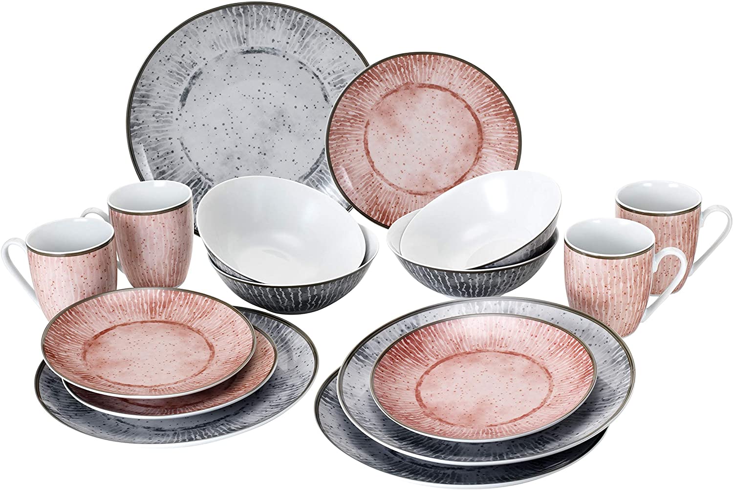 Van Well Alba 16-Piece Dinner Service Industrial Style I Each 4 Food, Breakfast Plates, Bowl Bowls & Coffee Mugs I Industrial Style