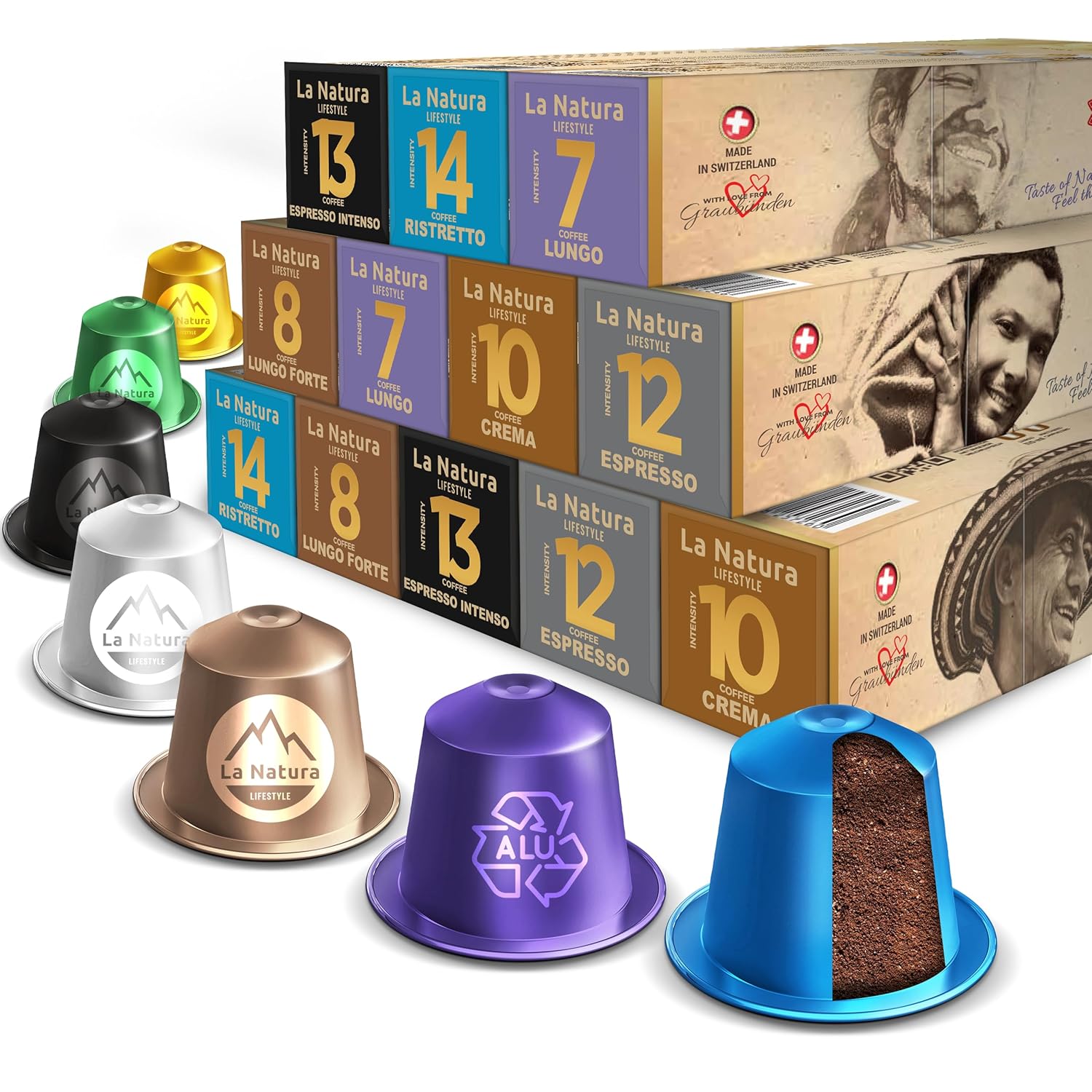 La Natura Lifestyle Coffee Tasting Box, 120 Coffee Capsules in 6 Different Varieties, 100% Recyclable, Nespresso®-Compatible Coffee Capsules