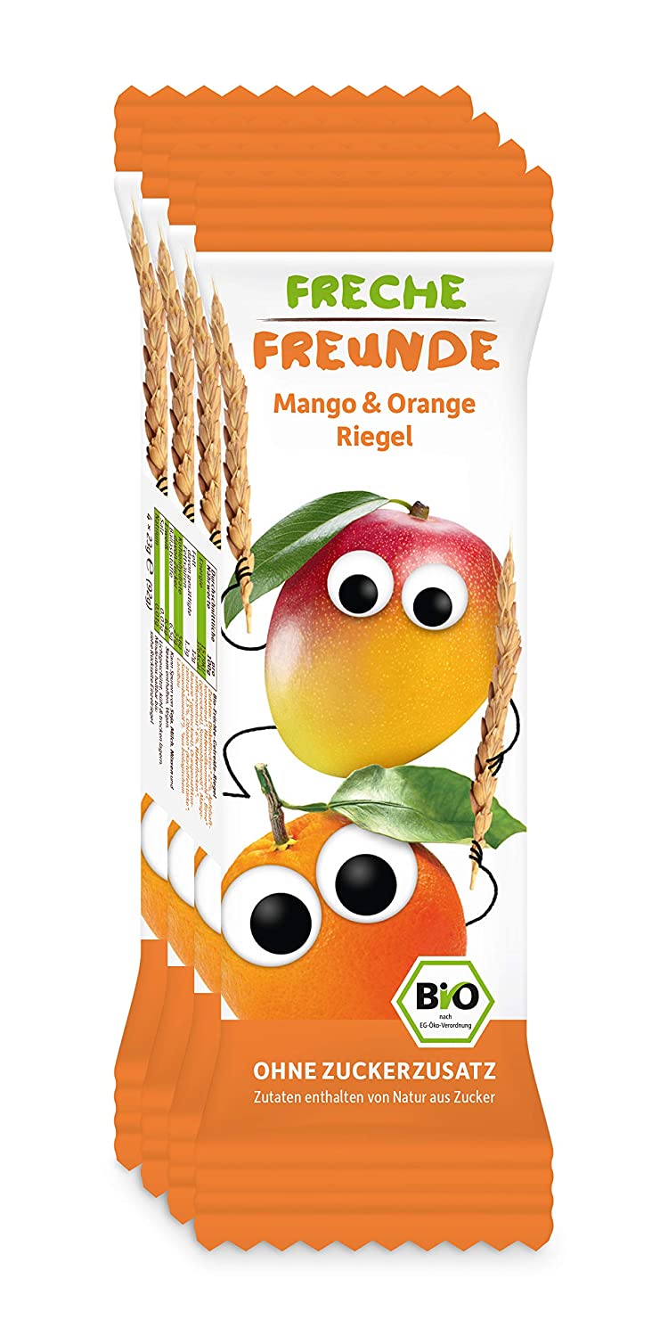 FRECHE FREUNDE Bio Mango & Orange Riegel, für Babys und Kinder ab 1 Jahr, ohne Zuckerzusatz, vegan, 6er Pack, 6x(4x23g)