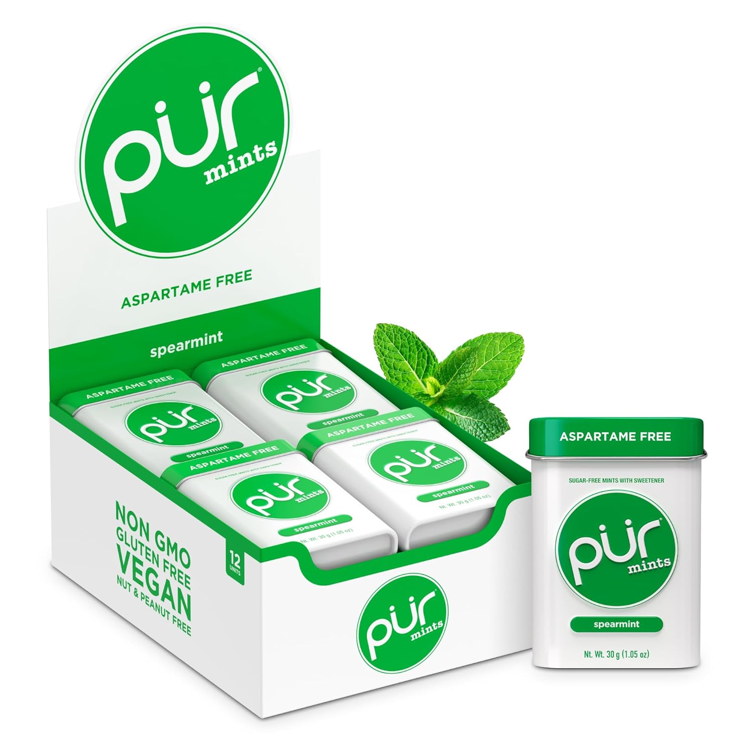 PUR Mints, Aspartame-Free Mints, Made with Xylitol, Sugar-Free, Vegan, Gluten Free & Keto Friendly, Naturally Flavored Spearmint Sweets, Pack of 30 (Pack of 12)