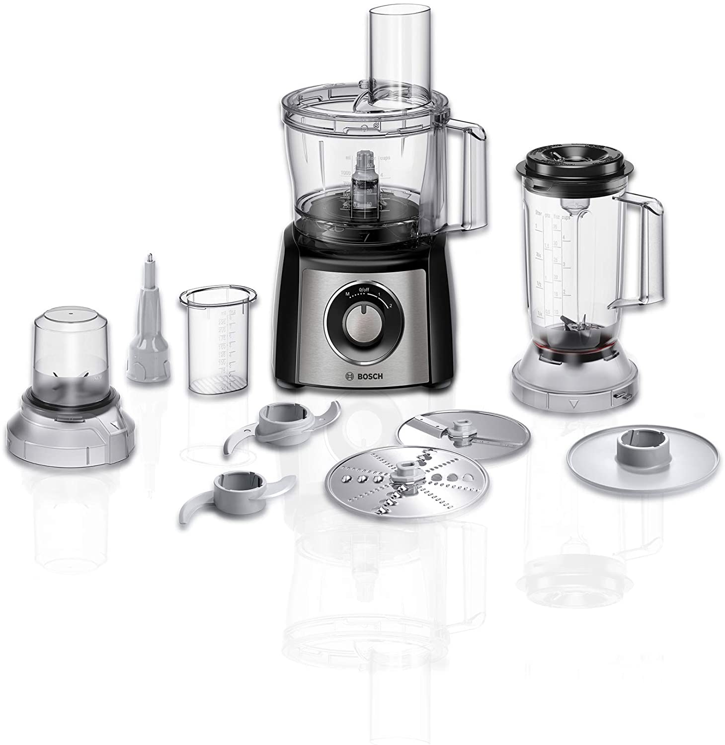 Bosch MultiTalent 3 MCM3501M Compact Food Processor, 50 Functions, Mixing Bowl 2.3 L, Mixer 1.0 L, Utility Knife, Cutting and Rasping (Fine, Coarse), Chopper, Impact Disc, 800 W, Black.
