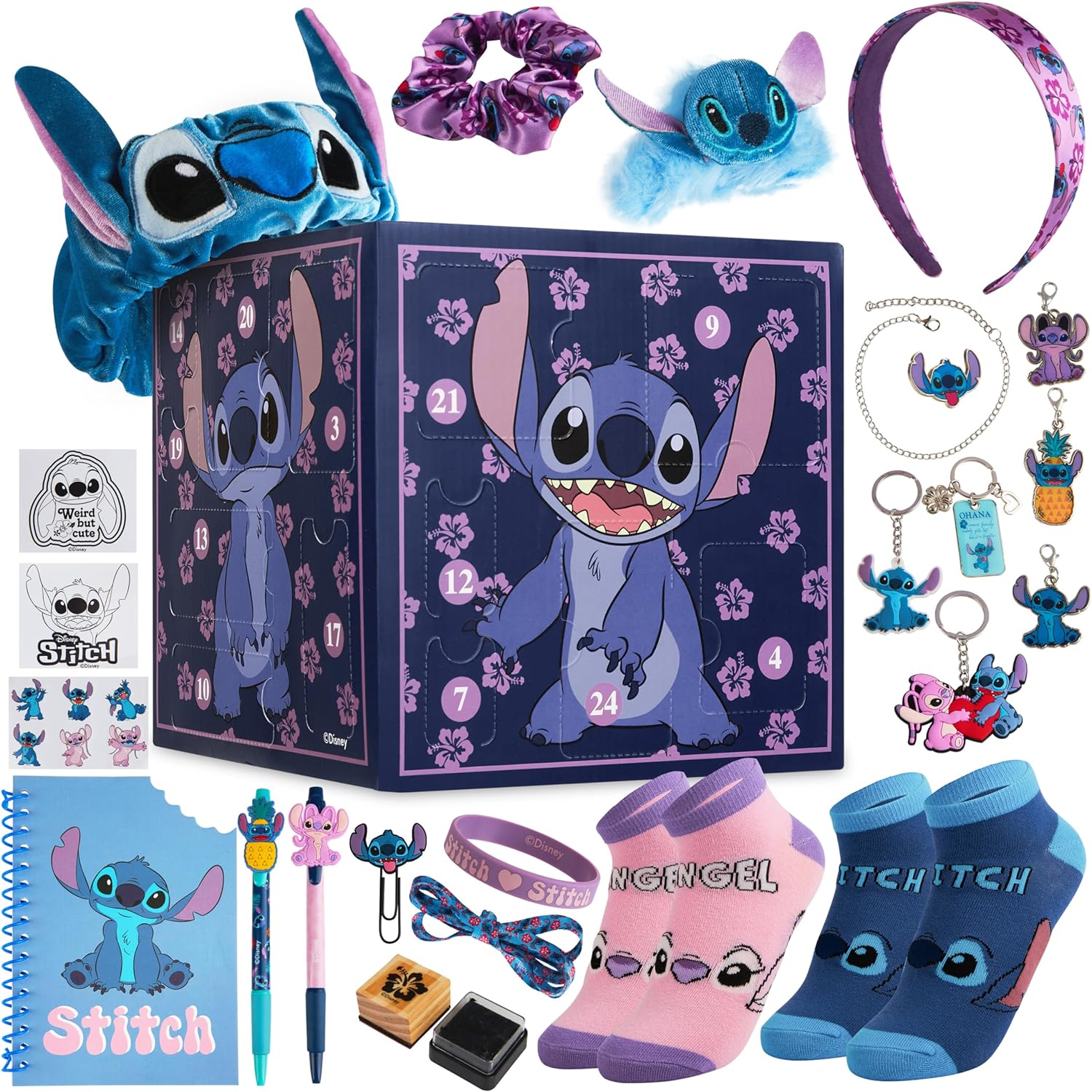 Disney Stitch Advent Calendar 2024-24 Surprises with Stationery, Stamp, Accessories (Purple Stitch Cube)