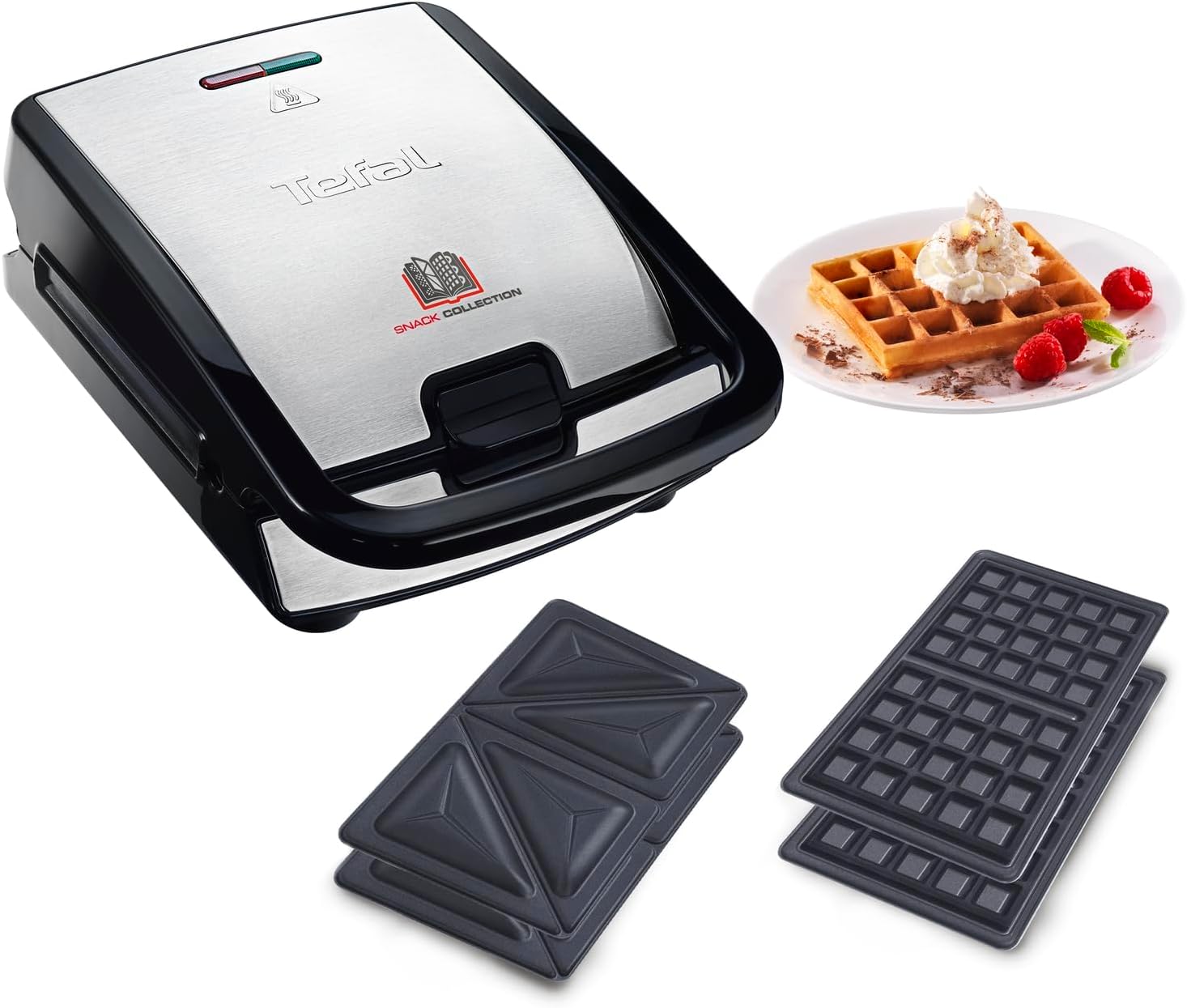 Tefal SW852D Snack Collection waffle maker and sandwich maker, electric grill, multi grill, 2 interchangeable plate sets, non-stick coated, 700 watts, stainless steel, black, silver