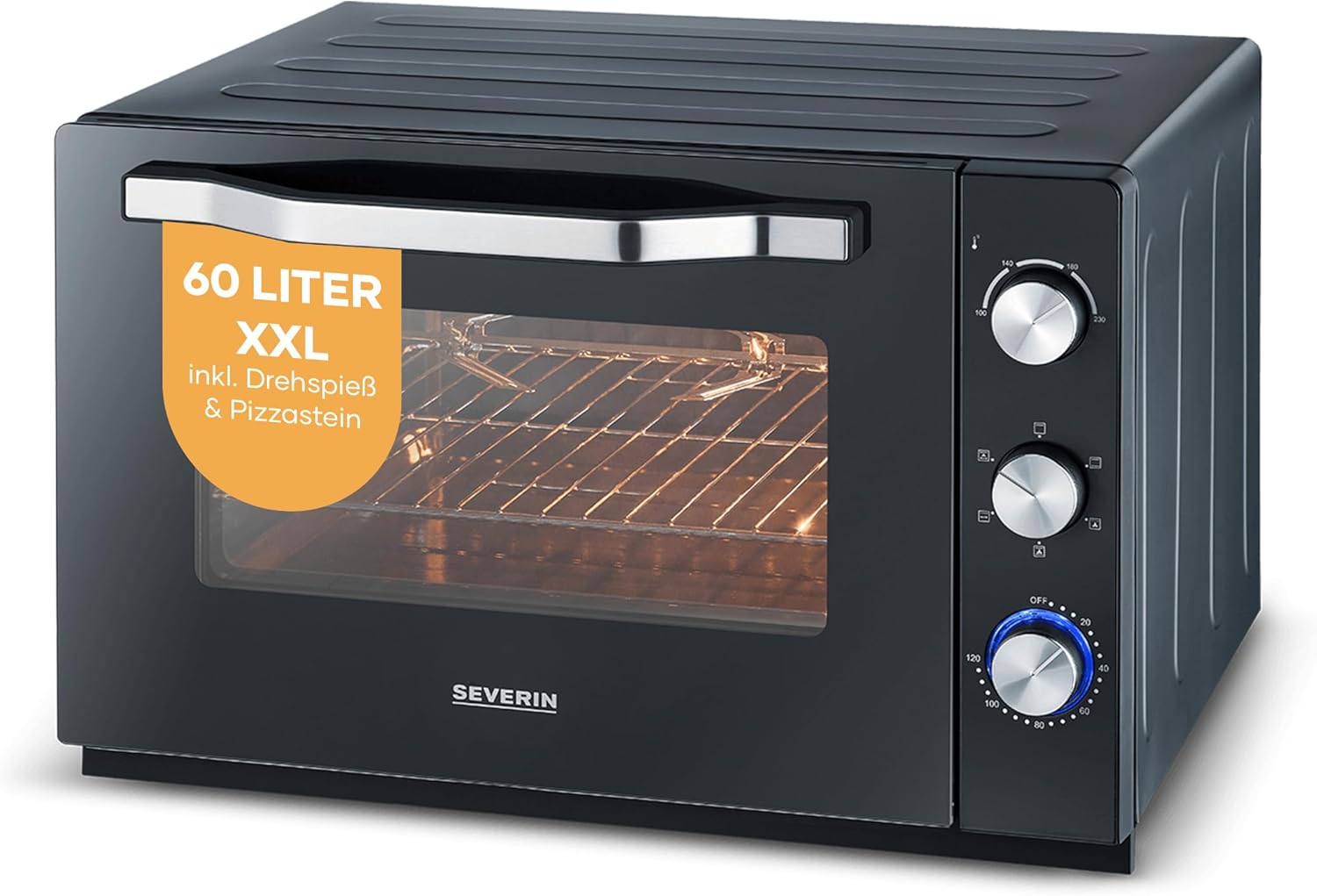SEVERIN XXL Oven with Convection Function, Includes Grill Rack, Baking Tray, Rotisserie and Pizza Stone, Versatile Hot Air Oven with 60 L Capacity, 2,200 W, Black, TO 2073