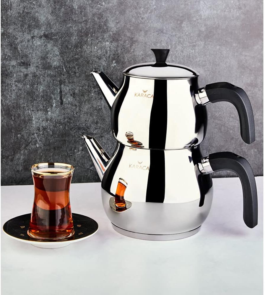 Karaca Kayra Black Turkish Teapot Set, Suitable for Induction, 1 Liter Teapot & 1.75 L Stainless Steel Teapot, Dishwasher Safe, Turkish Teapot, Tea Maker, Caydanlik, Demlik