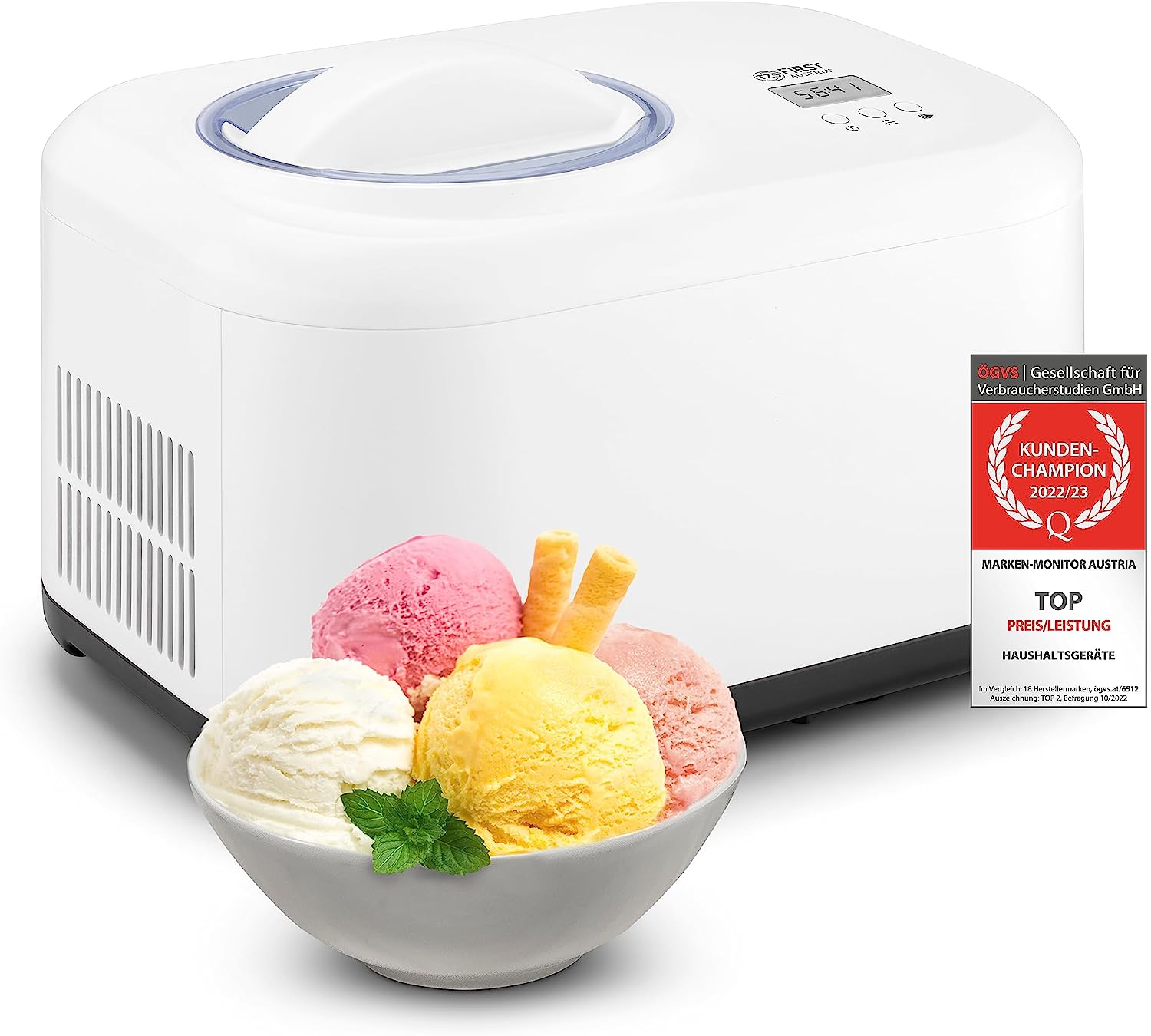 TZS First Austria Ice Cream Maker & Yoghurt Maker, Self-Cooling with Compressor and Removable 1 Litre Ice Container, Yoghurt Machine for Home, Includes Measuring Cup and Spatula